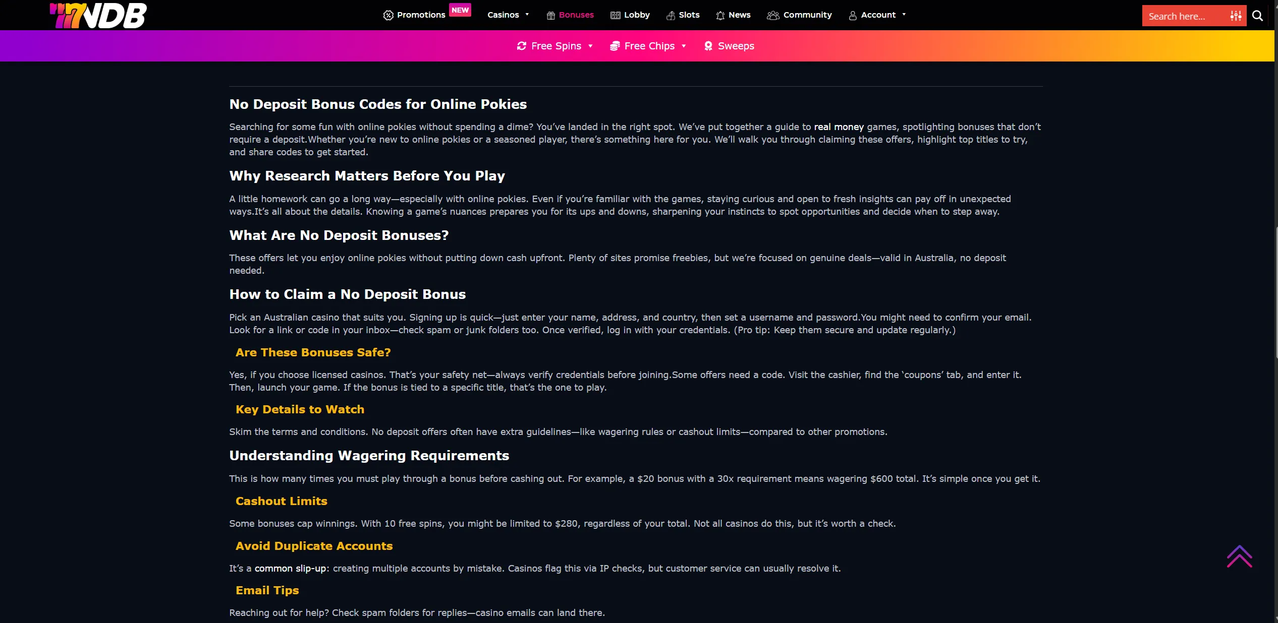 Screenshot of Nodepositbonus.cc - Online Pokies No Deposit Bonus Codes