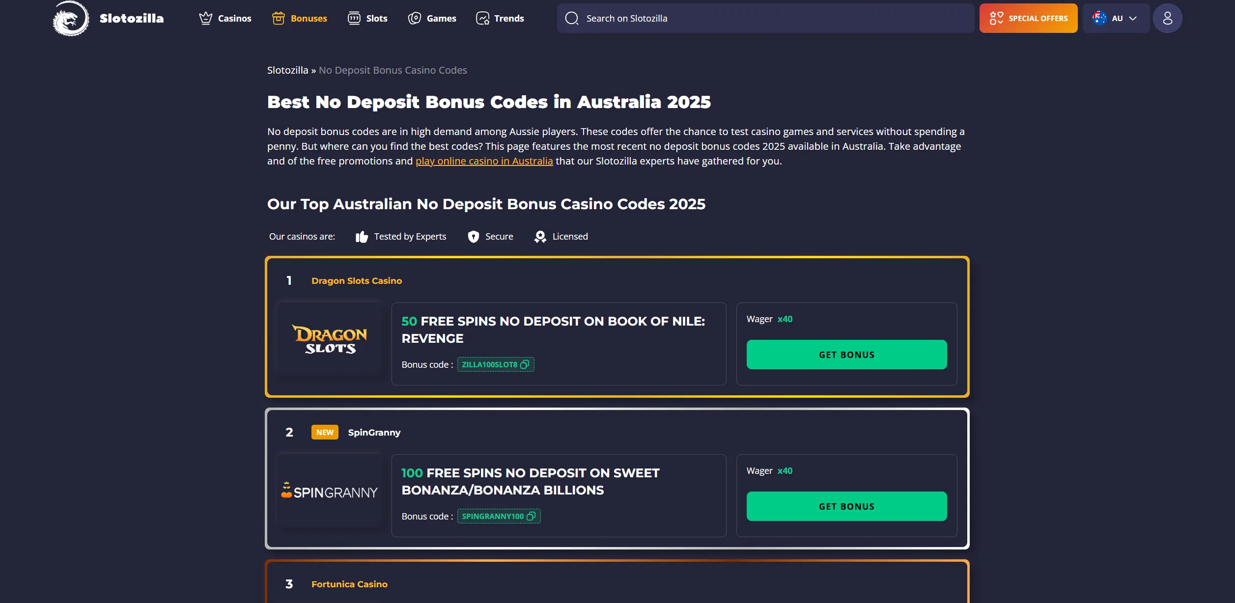 Screenshot of Slotozilla.com —  Australian No Deposit Bonus Casino Codes