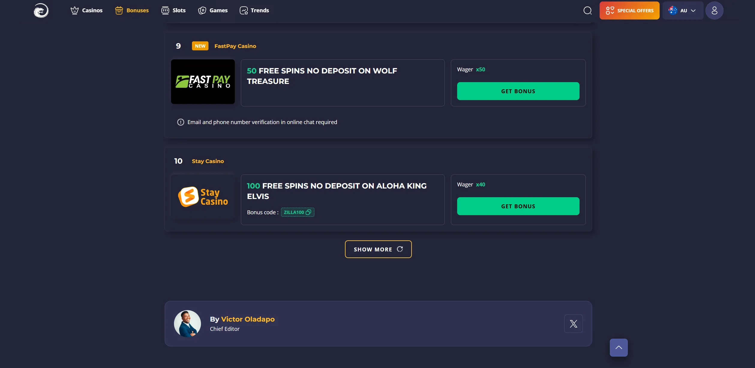 Screenshot of Slotozilla.com —  Australian No Deposit Bonus Casino Codes