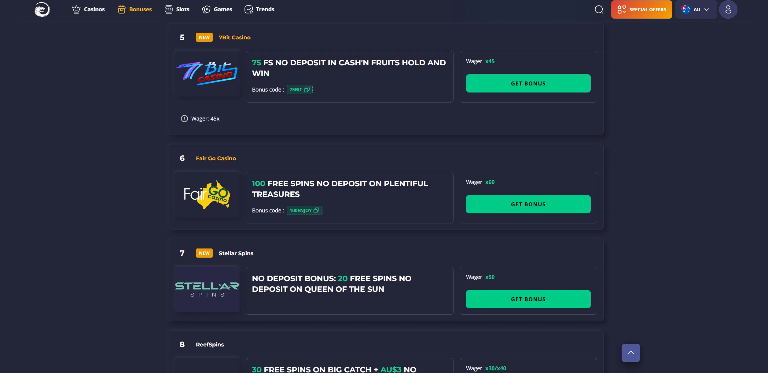 Screenshot of Slotozilla.com —  Australian No Deposit Bonus Casino Codes