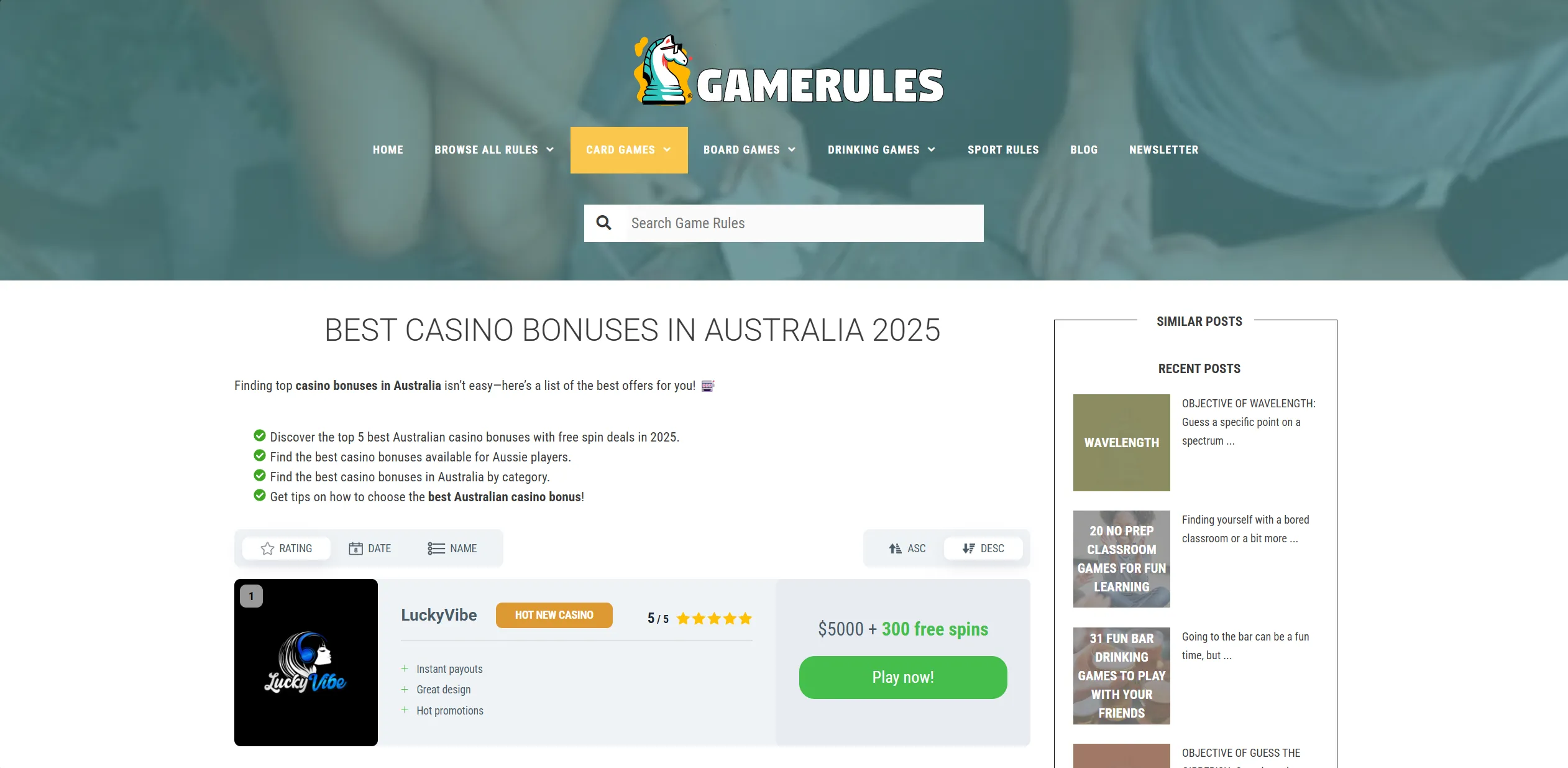Screenshot of Gamerules.com —  Best Casino Bonus Australia – Top Aussie Gambling Offers