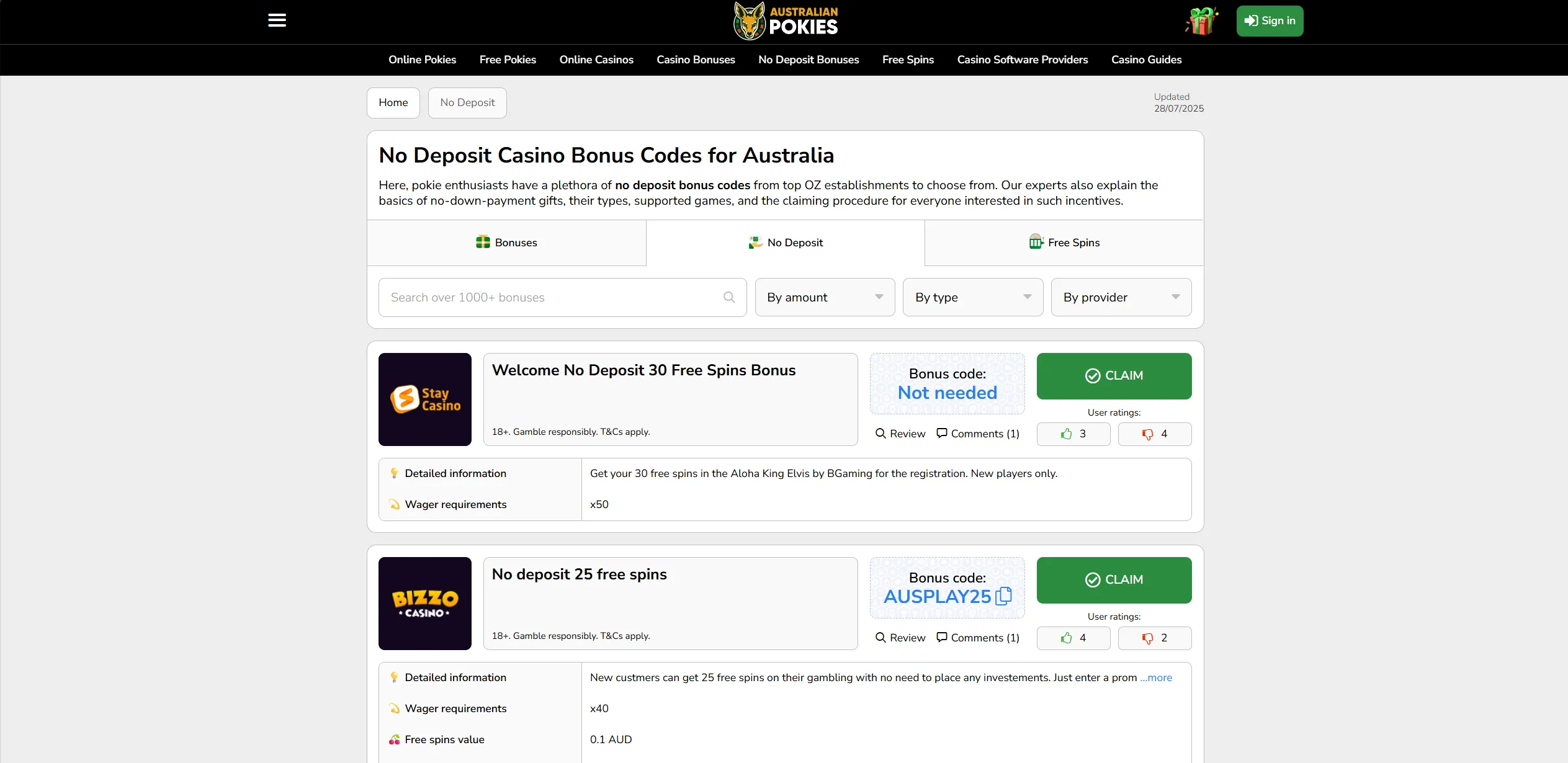Screenshot of Auspokies.net —  No Deposit Bonus Codes Australia | Updated List