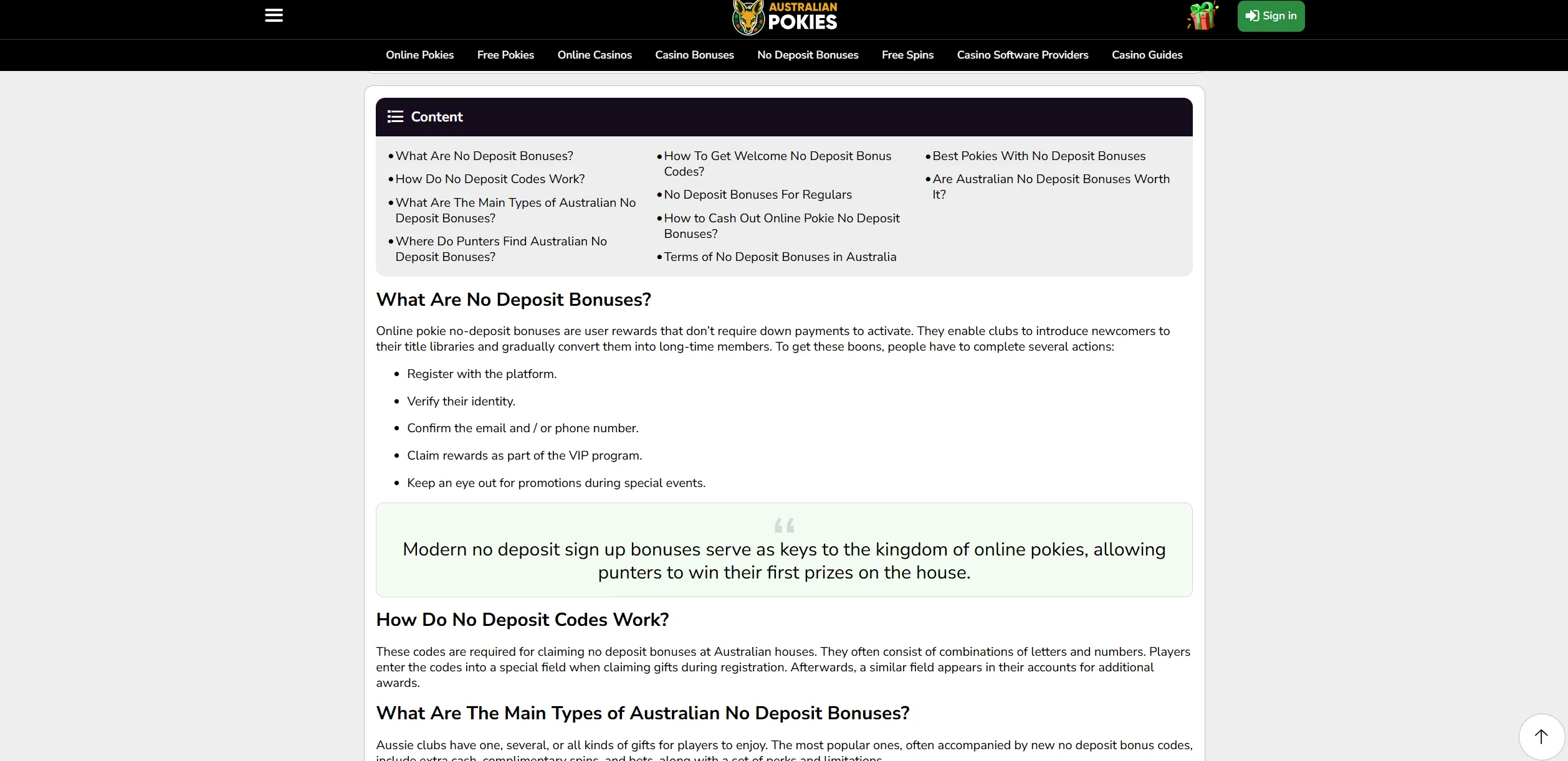 Screenshot of Auspokies.net —  No Deposit Bonus Codes Australia | Updated List