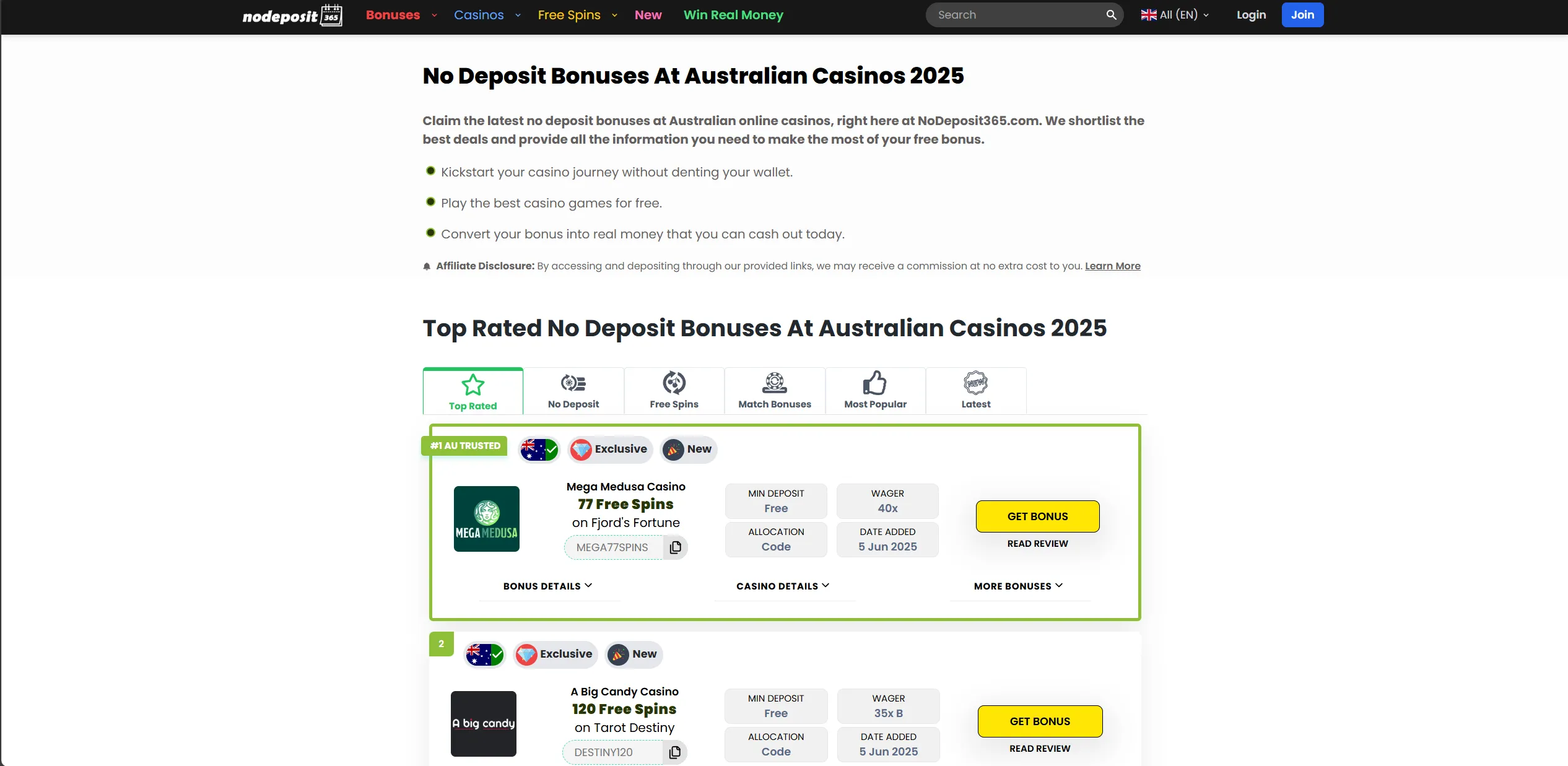 Screenshot of NoDeposit365.com – Play With No Deposit Bonuses at Aussie Casinos