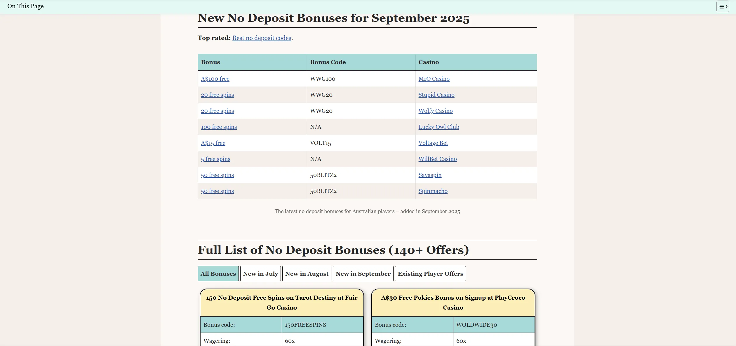 Screenshot of Worldwidegamblers.com – 140+ No Deposit Bonuses for Aussies: Free Spins & Cash Codes