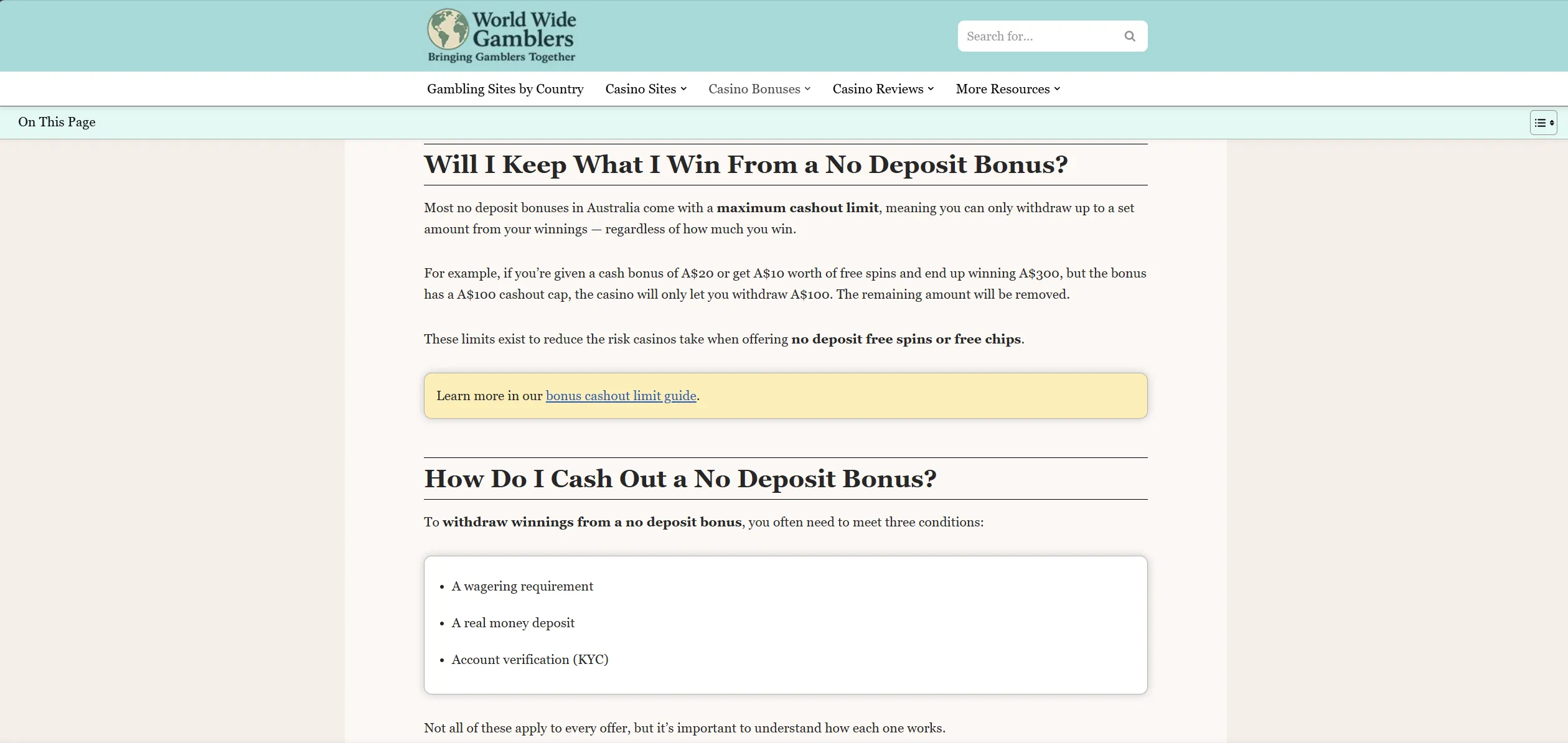 Screenshot of Worldwidegamblers.com – 140+ No Deposit Bonuses for Aussies: Free Spins & Cash Codes