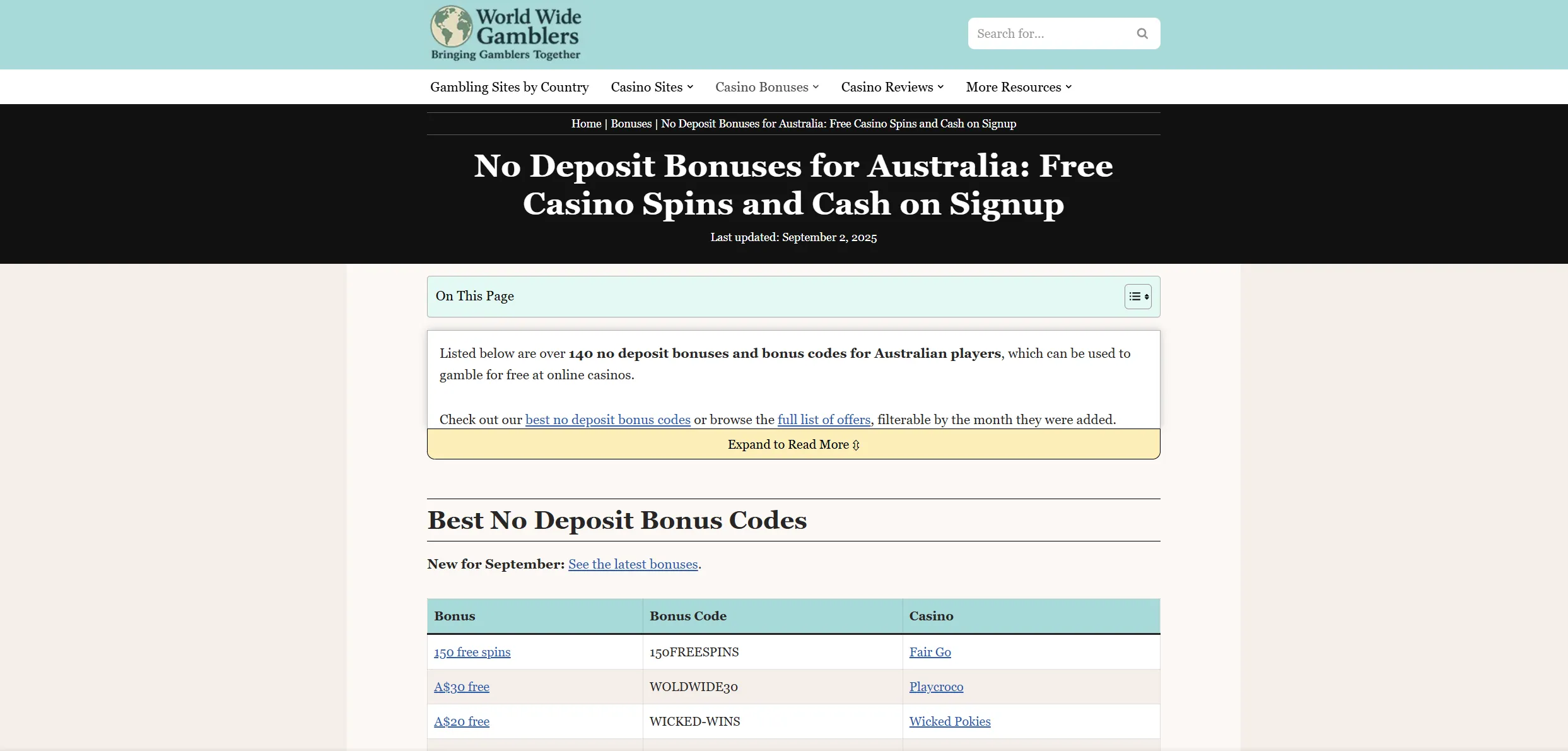 Screenshot of Worldwidegamblers.com – 140+ No Deposit Bonuses for Aussies: Free Spins & Cash Codes