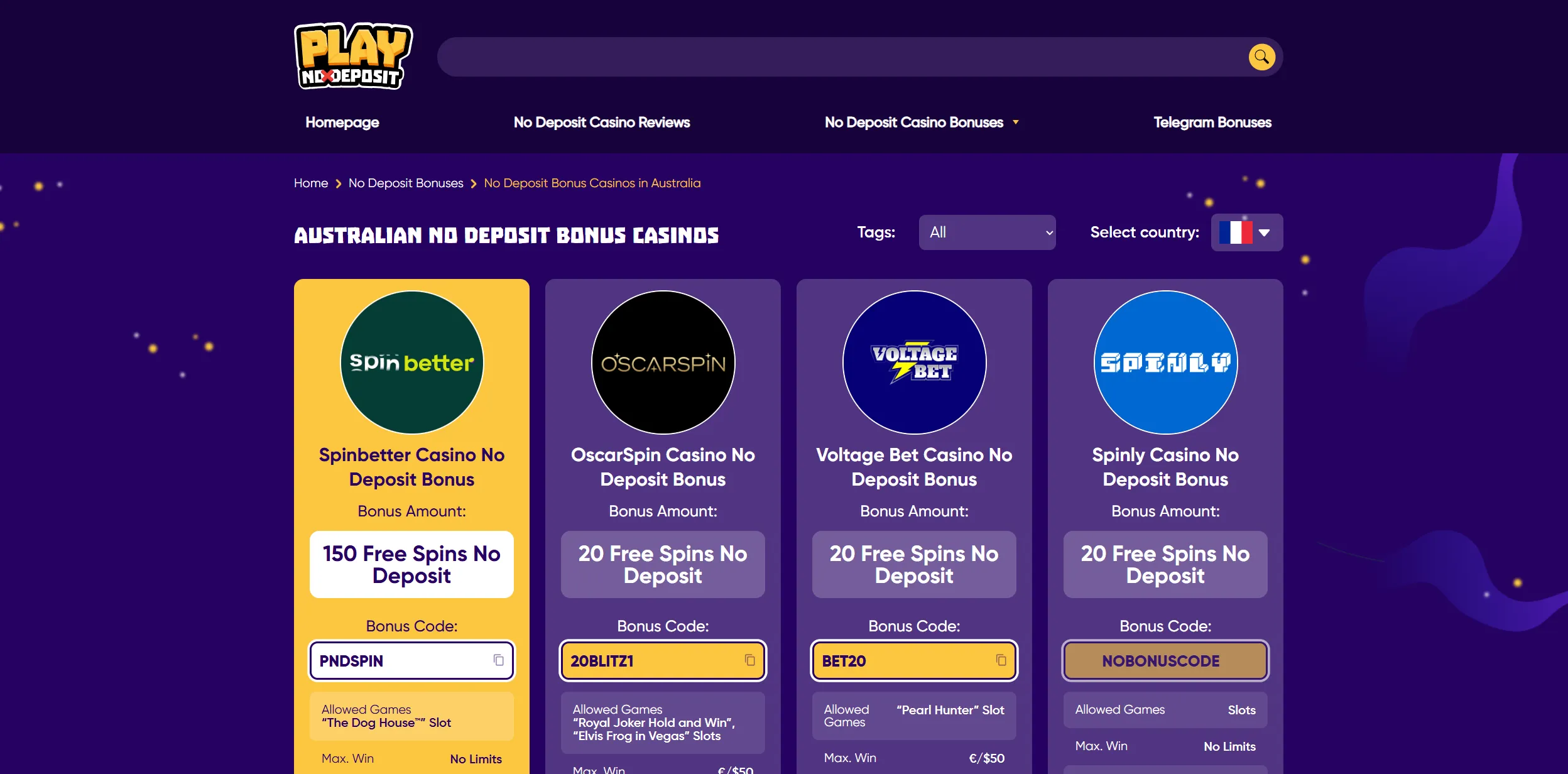 Screenshot of Playnodeposit.com – Top No Deposit Bonus Casinos in Australia | PlayNoDeposit