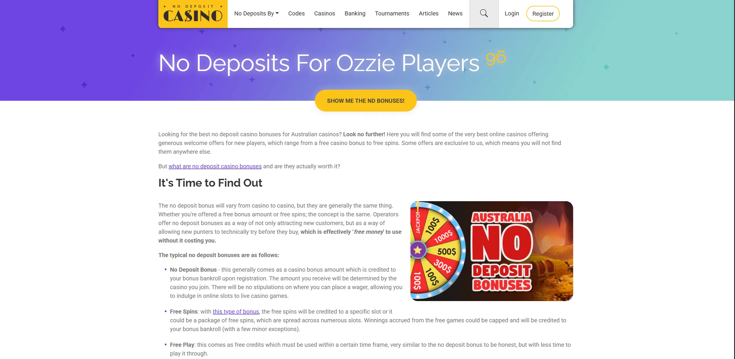 Screenshot of Nodepositcasino.org Australian No Deposit Casino Bonuses