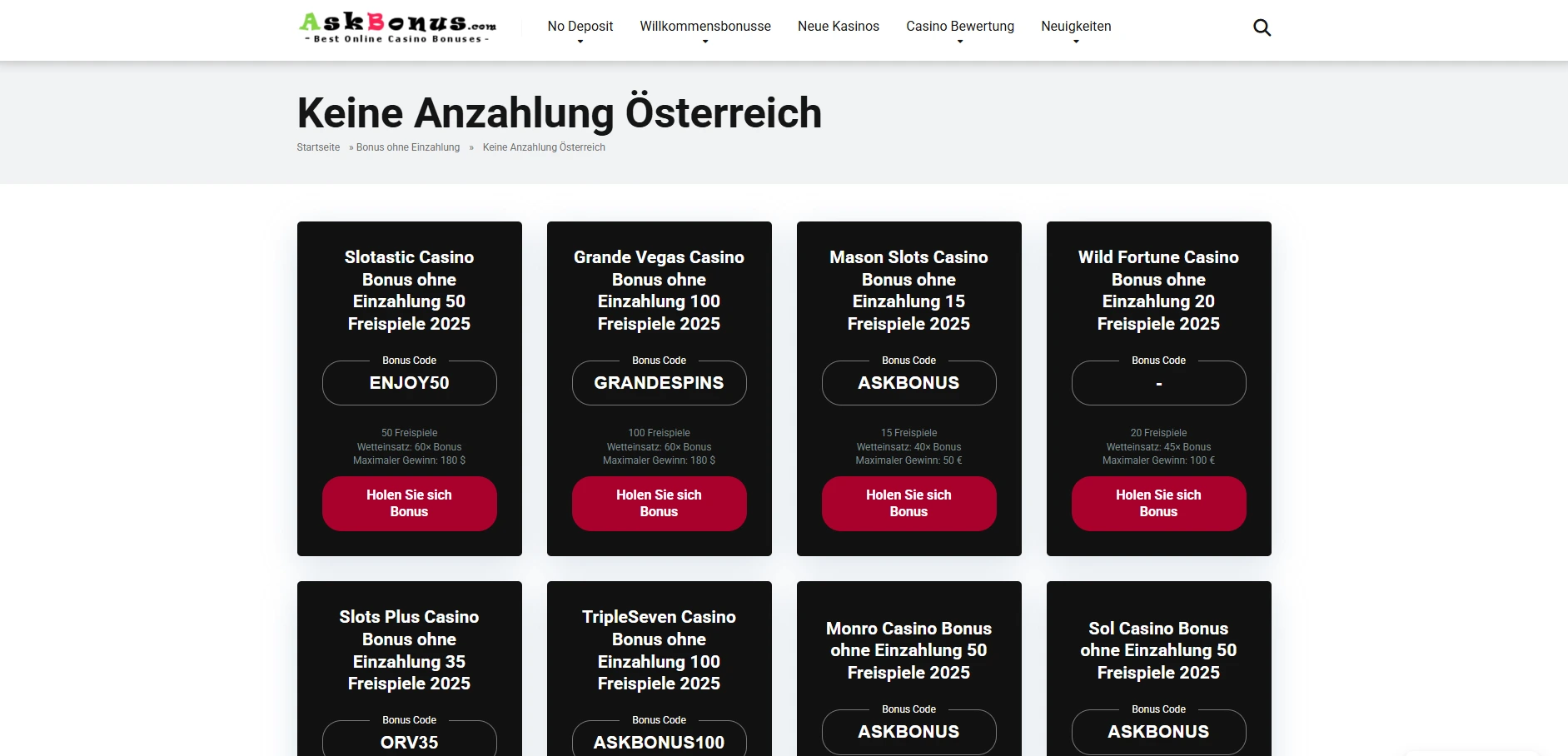 Screenshot of Askbonus.com – No deposit Austria – NEW Casino Bonuses – Exclusive