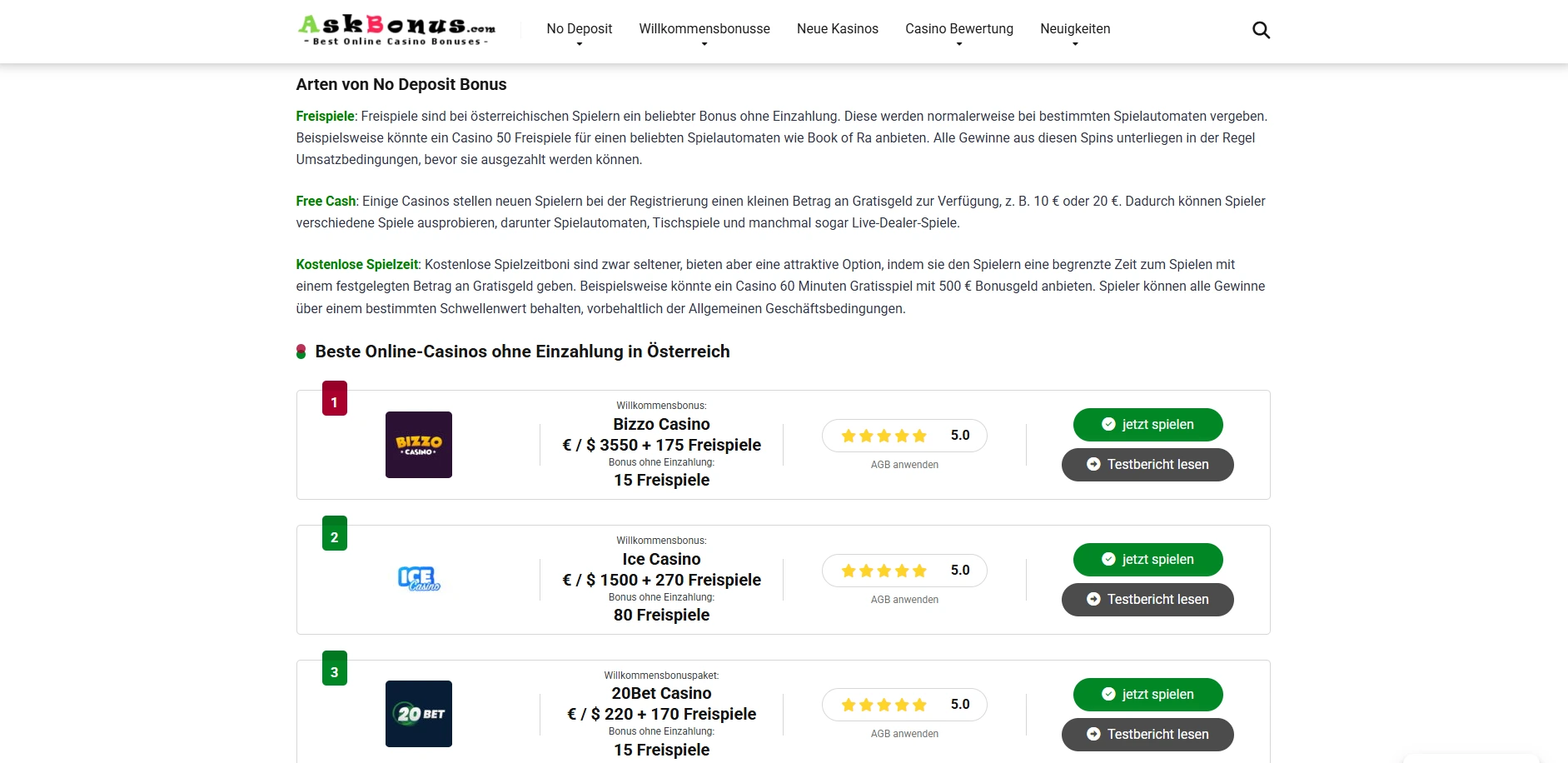 Screenshot of Askbonus.com – No deposit Austria – NEW Casino Bonuses – Exclusive
