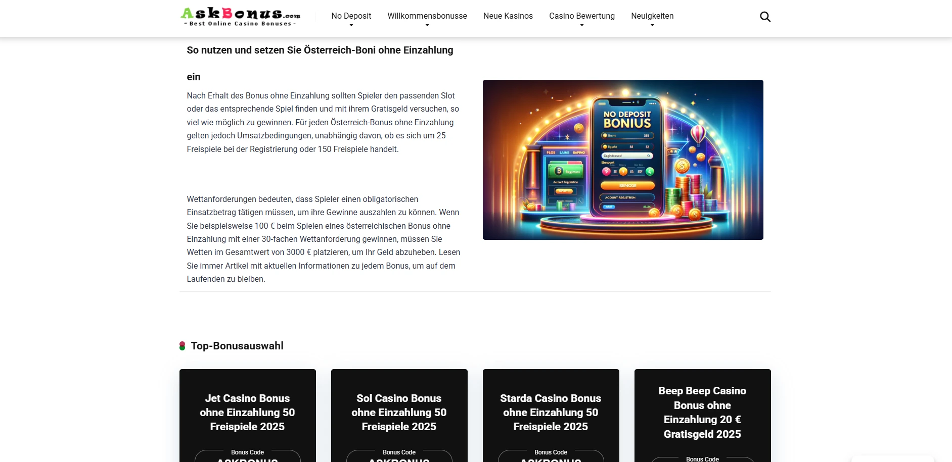 Screenshot of Askbonus.com – No deposit Austria – NEW Casino Bonuses – Exclusive