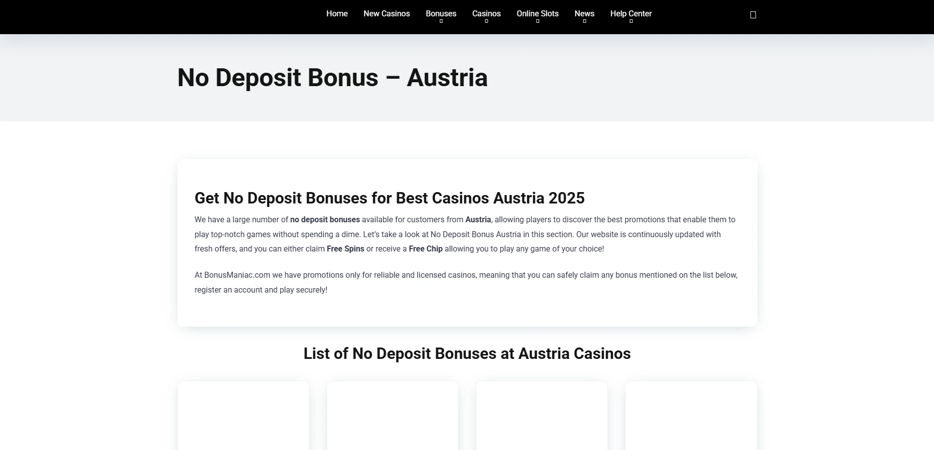 Screenshot of Bonusmaniac.com - No Deposit Bonus Austria Casino | BonusManiac