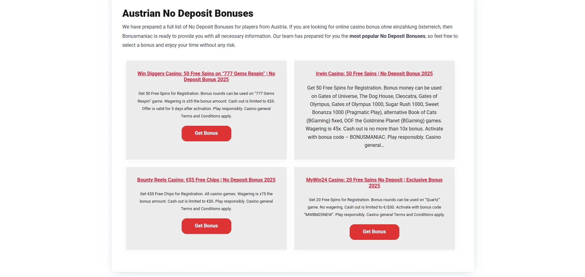 Screenshot of Bonusmaniac.com - No Deposit Bonus Austria Casino | BonusManiac