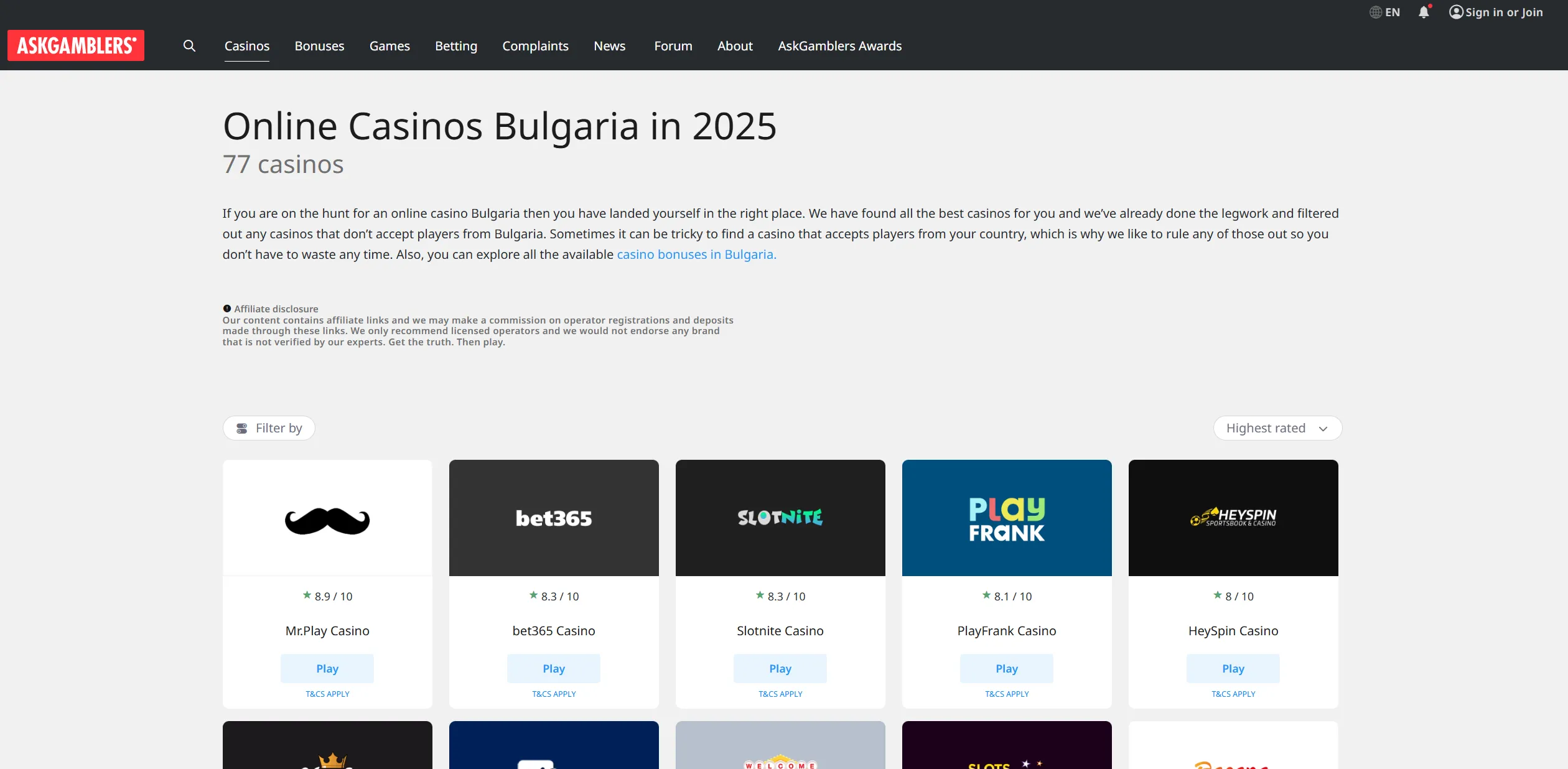 Screenshot of Askgamblers.com  Bulgarian Casinos Sites ✔️ Online Casinos Bulgaria