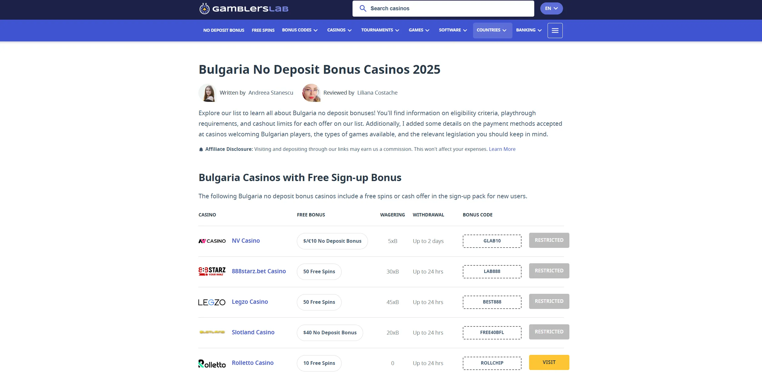 Screenshot of Gamblerslab.com Bulgaria No Deposit Bonus Casinos | GamblersLab.com