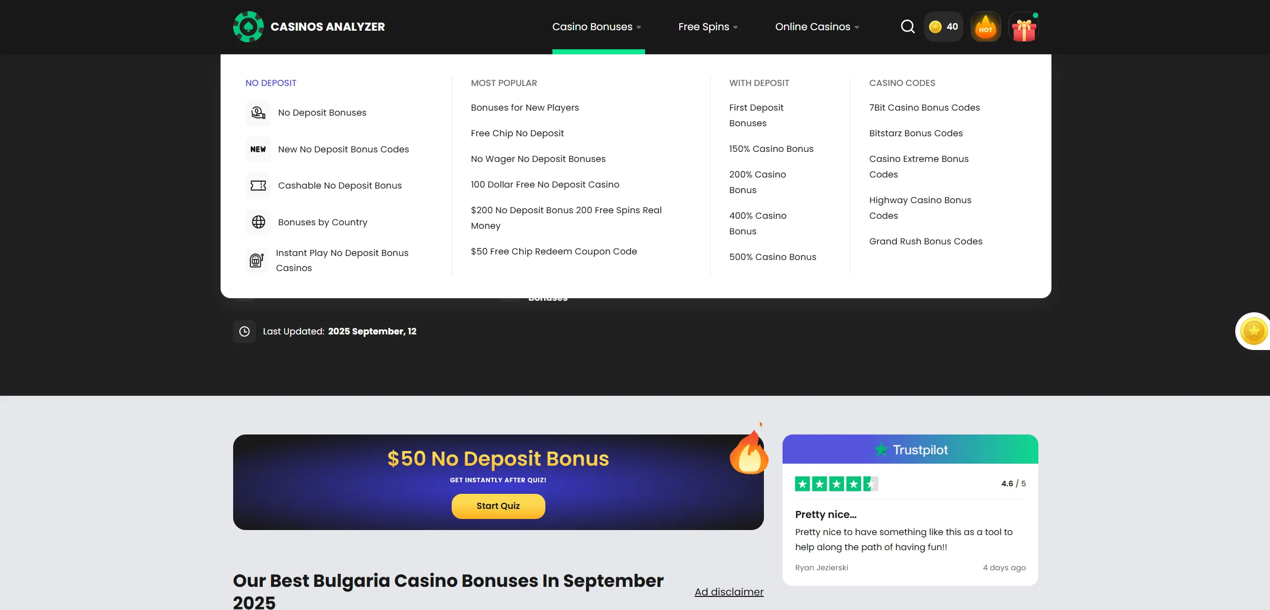 Screenshot of Casinosanalyzer.com - No Deposit Bonus Casino Bulgaria ✔️ Bulgarian Free Spins Bonuses for Mobile Gambling