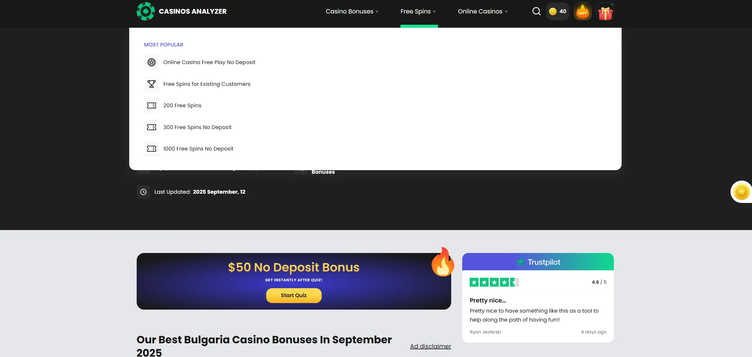 Screenshot of Casinosanalyzer.com - No Deposit Bonus Casino Bulgaria ✔️ Bulgarian Free Spins Bonuses for Mobile Gambling