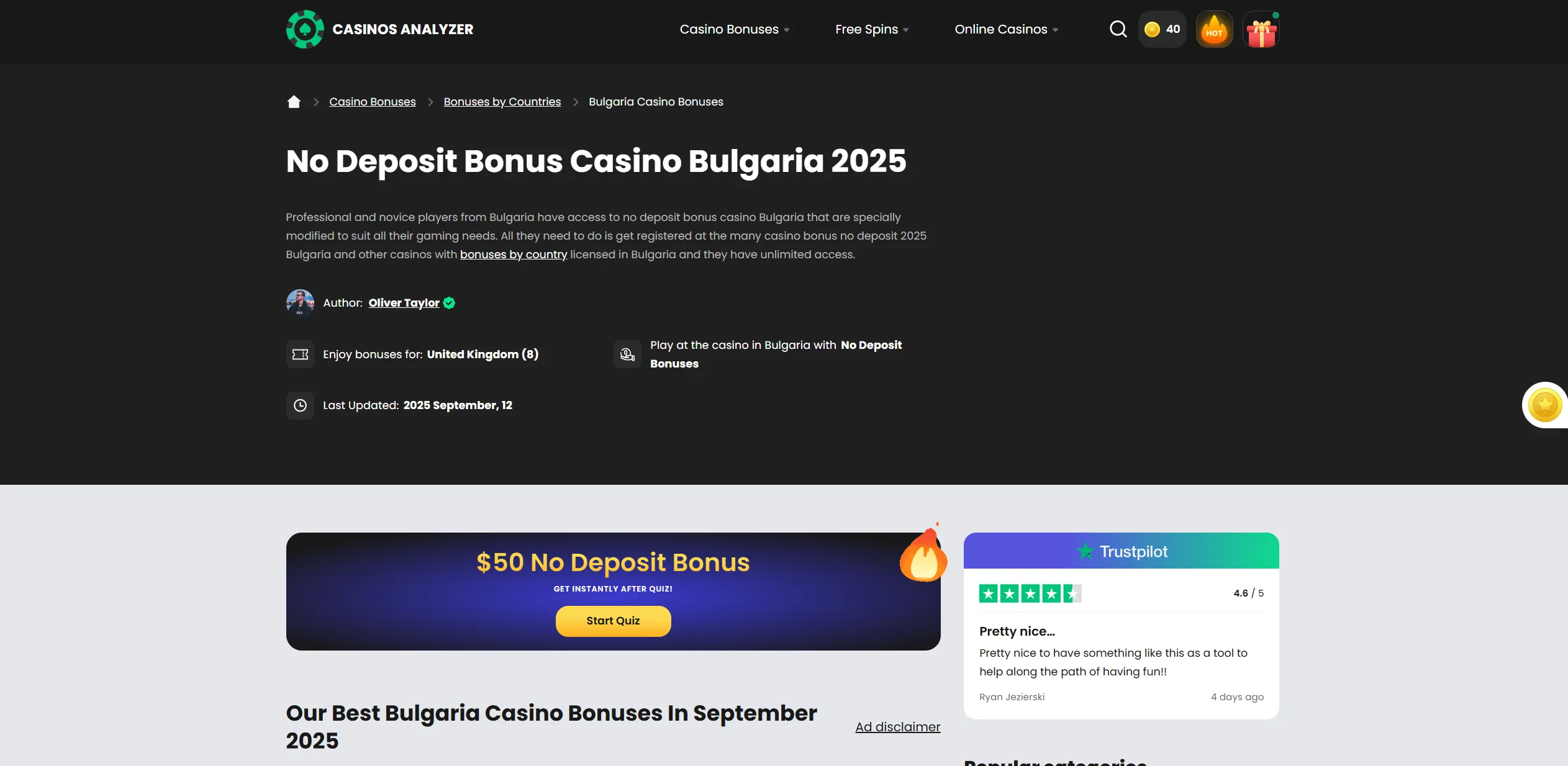 Screenshot of Casinosanalyzer.com - No Deposit Bonus Casino Bulgaria ✔️ Bulgarian Free Spins Bonuses for Mobile Gambling