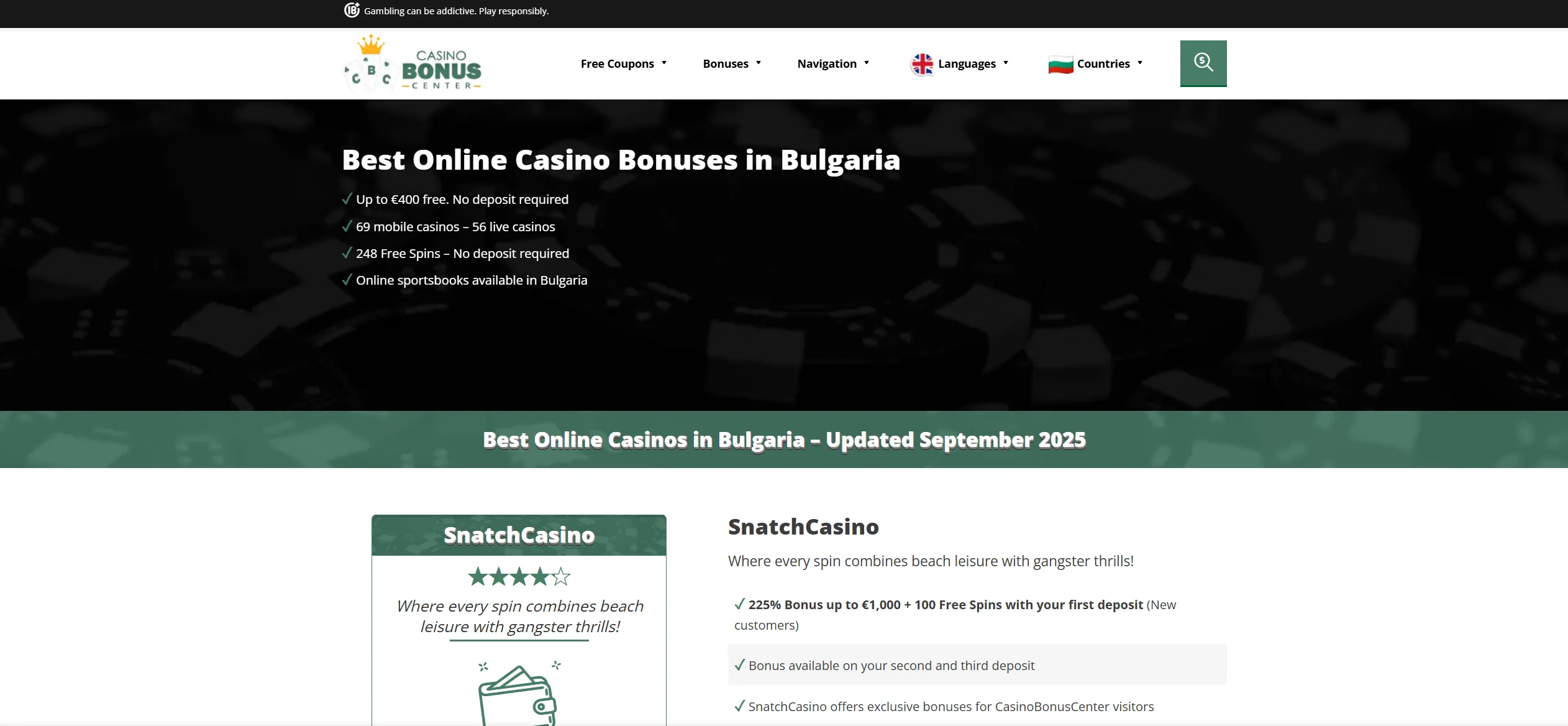 Screenshot of Сasinobonuscenter.com — Your Guide to Exclusive Online Casino Bonuses in Bulgaria