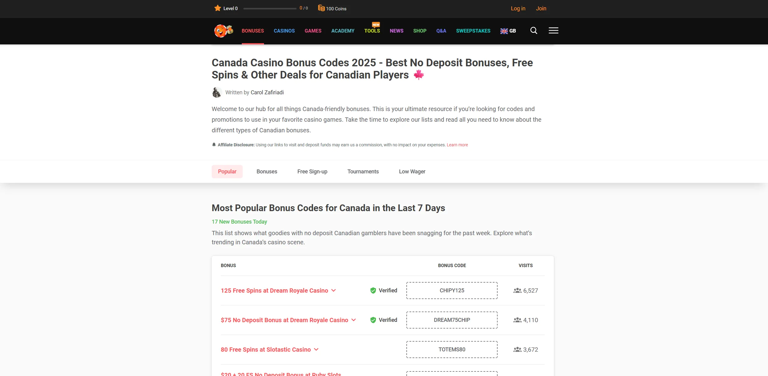 Screenshot of Chipy.com — Best Casino Bonuses Canada | No Deposit Bonus Codes
