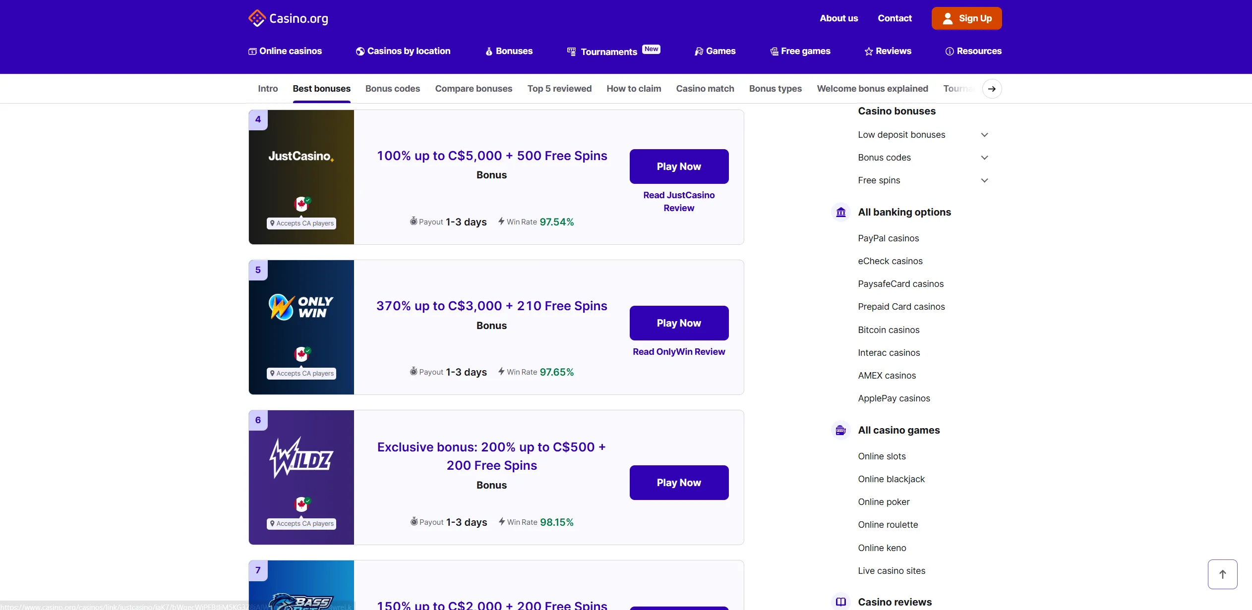 Screenshot of Casino.org -  Best Online Casino Bonus Canada - Sign Up Offers 🎁