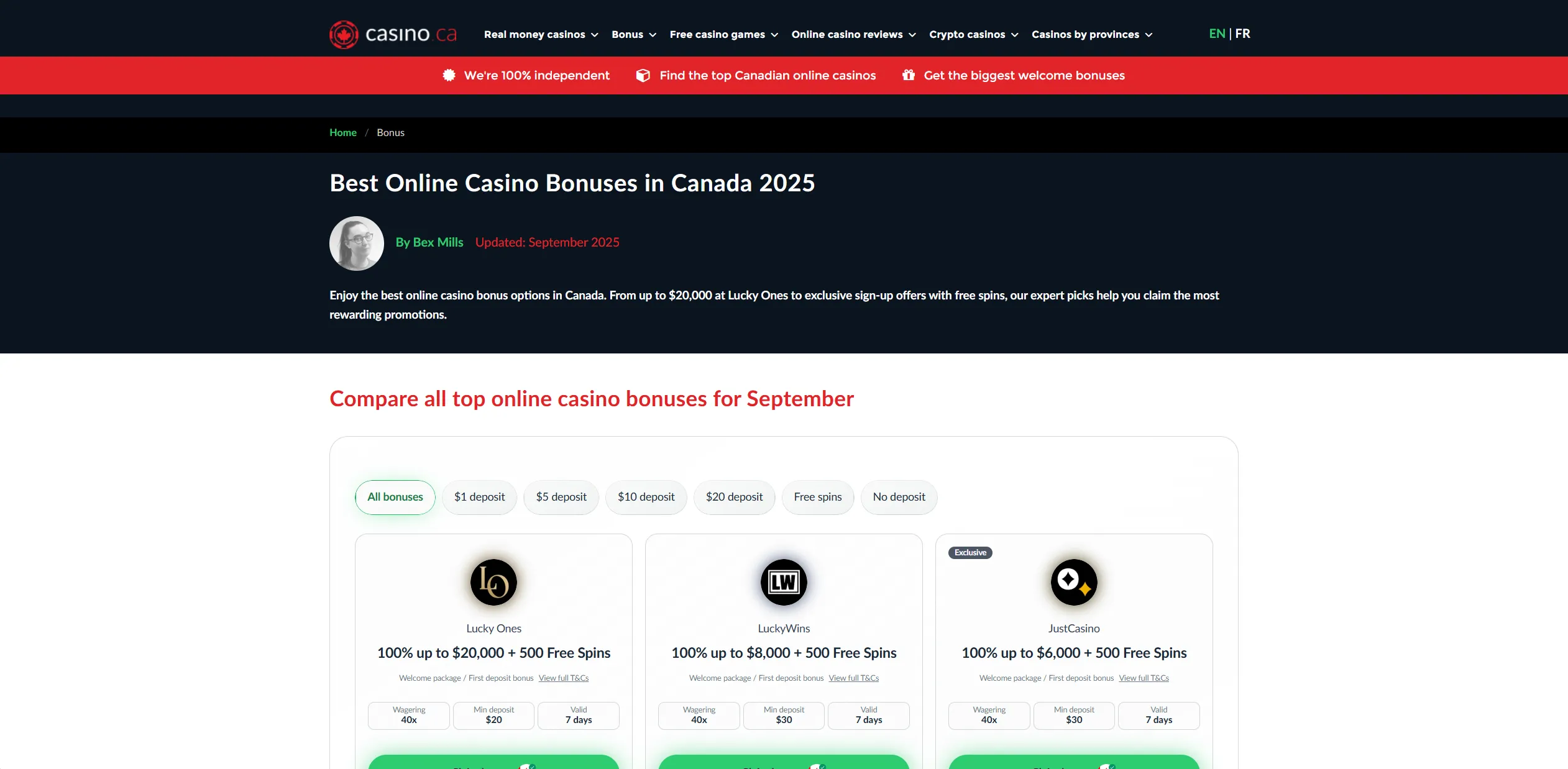 Screenshot of Casino.ca - Best Online Casino Bonuses | Top 50 Bonus Offers