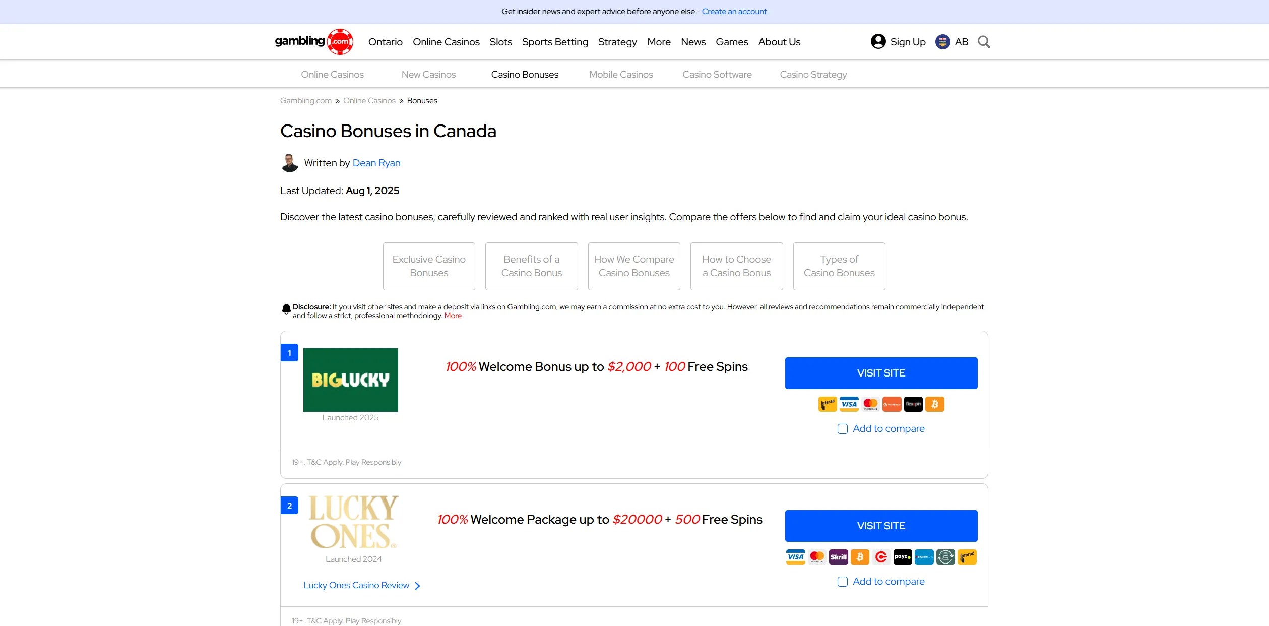 Screenshot of Gambling.com – Casino Site Bonuses in Canada - Find Bonus Offers Here