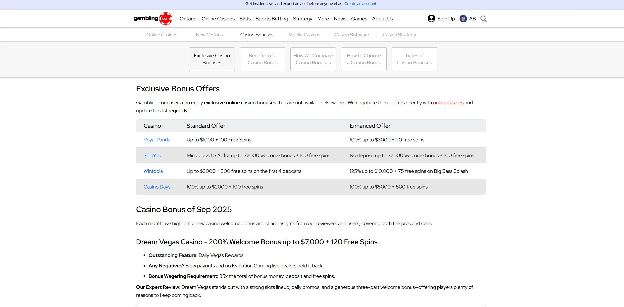 Screenshot of Gambling.com – Casino Site Bonuses in Canada - Find Bonus Offers Here