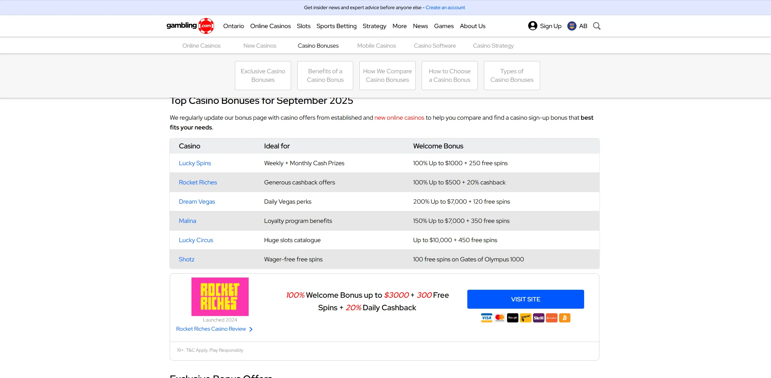 Screenshot of Gambling.com – Casino Site Bonuses in Canada - Find Bonus Offers Here