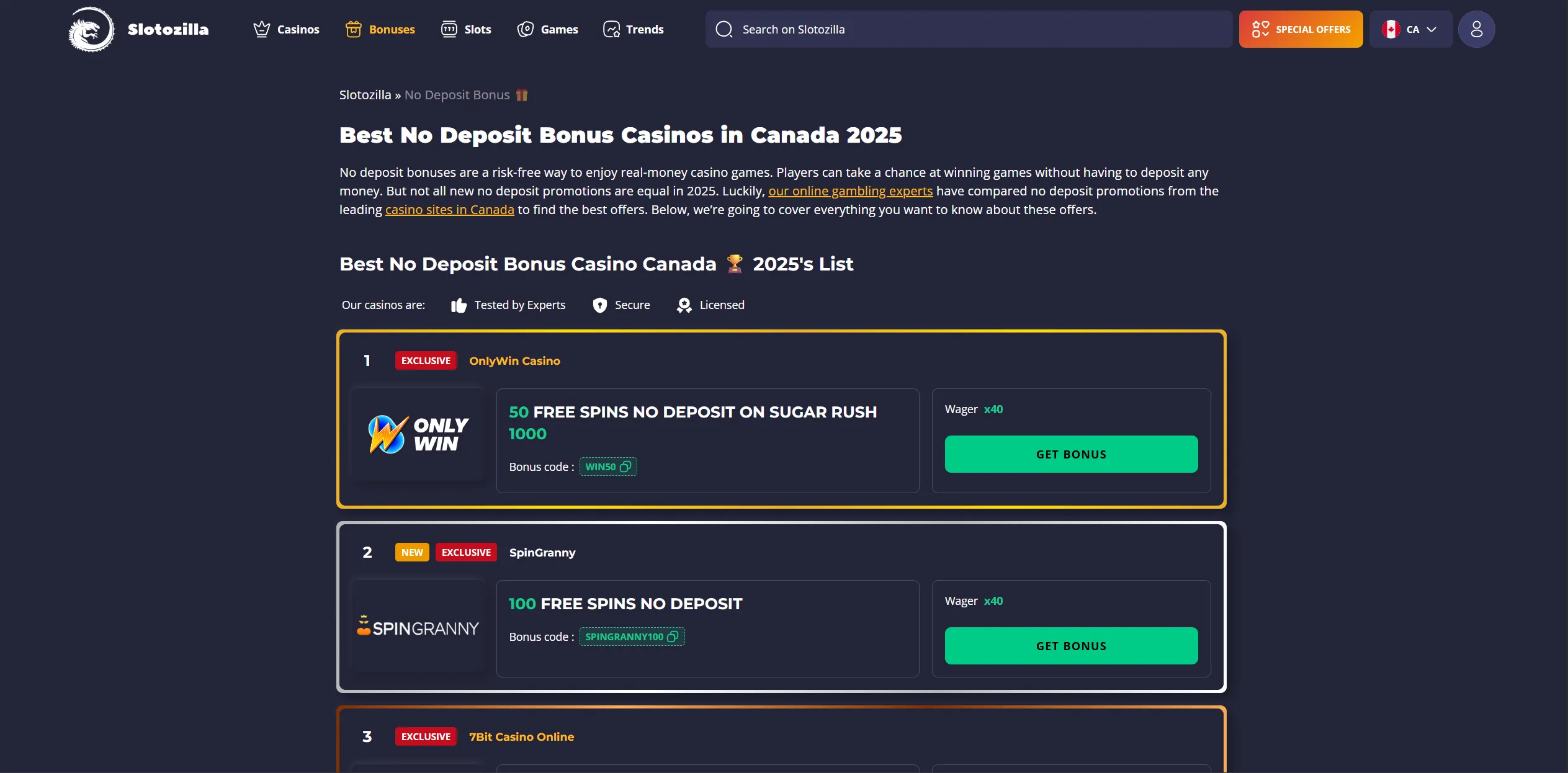 Screenshot of Slotozilla.com - Best No Deposit Bonus Casino Sites in Canada