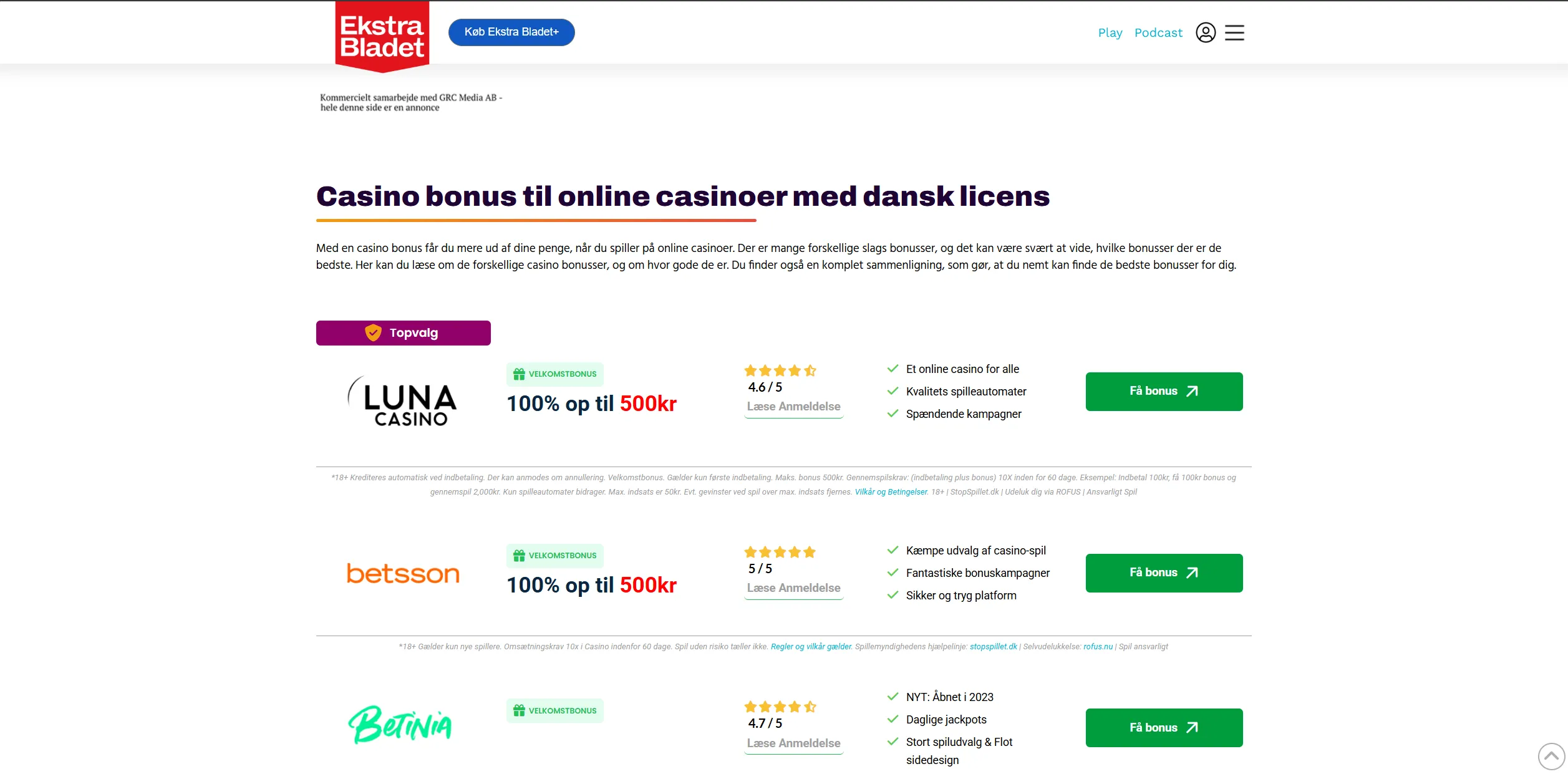 Screenshot of Casino.ekstrabladet.dk - Best casino bonuses in [month [year] for approved Danish casinos