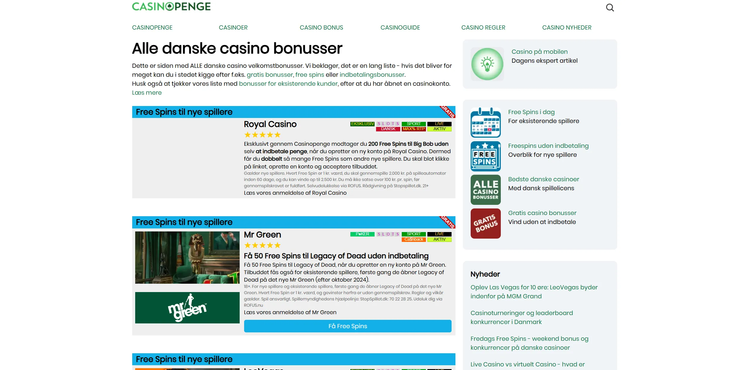 Screenshot of Casinopenge.dk - All Danish online casino bonuses – over 70 bonuses on one page