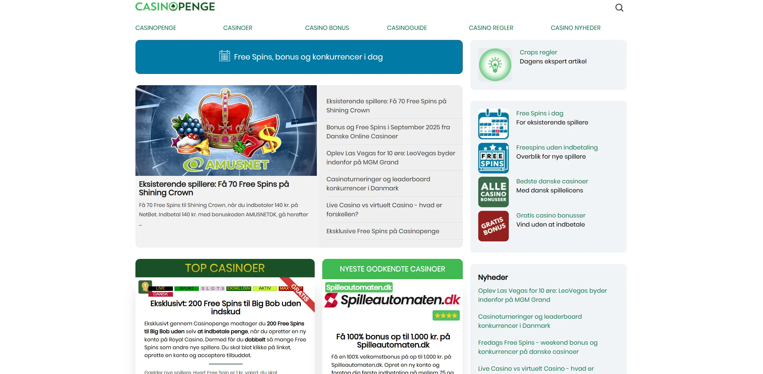 Screenshot of Casinopenge.dk - All Danish online casino bonuses – over 70 bonuses on one page