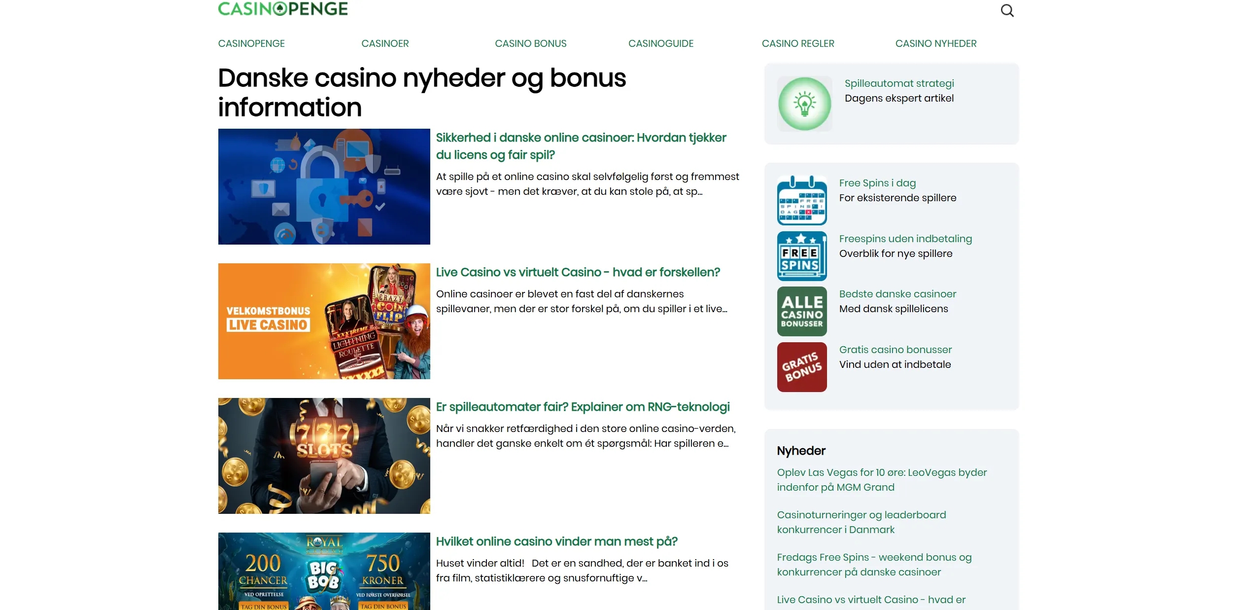 Screenshot of Casinopenge.dk - All Danish online casino bonuses – over 70 bonuses on one page