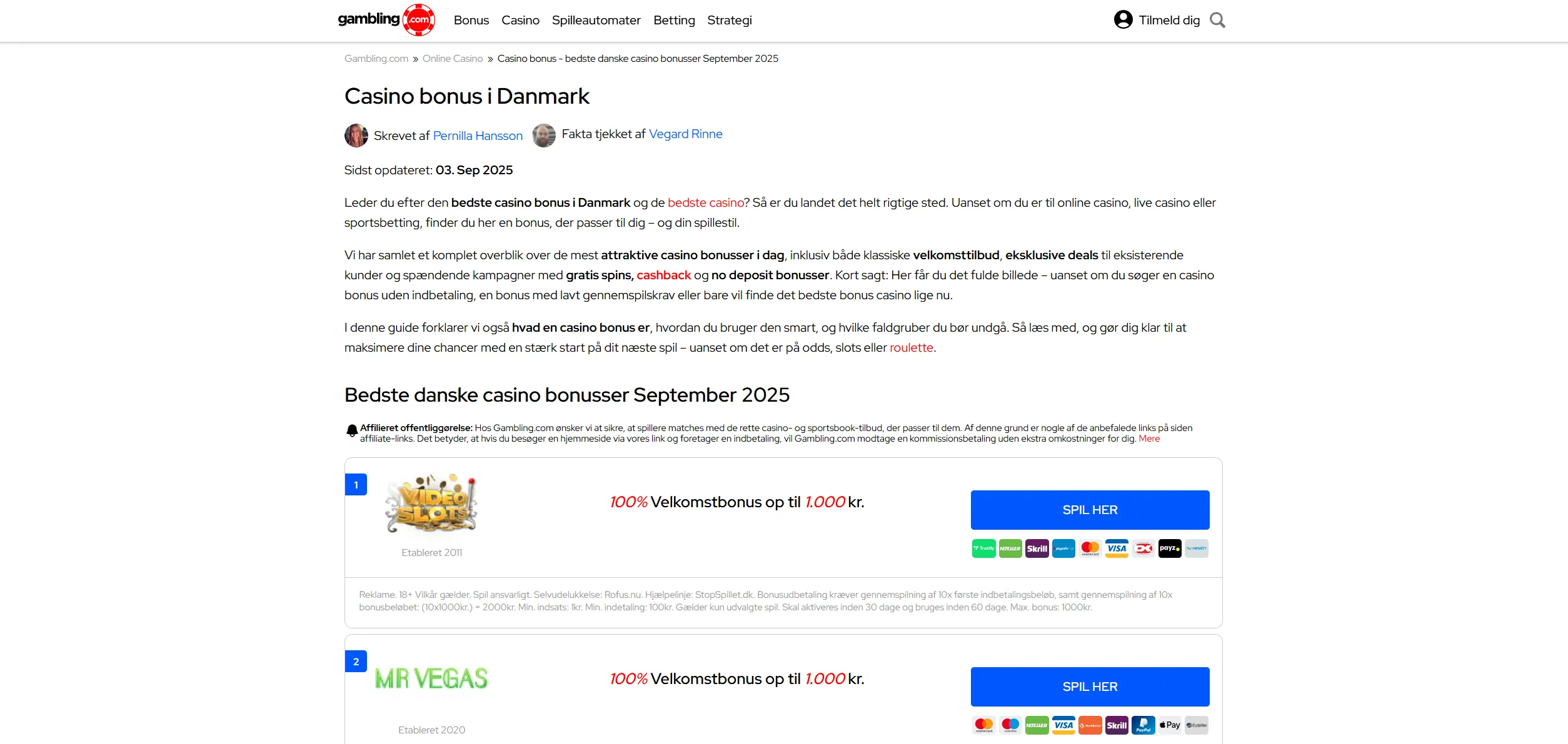 Screenshot of Gambling.com – Casino Bonus in Denmark – Get More for Your Money Now
