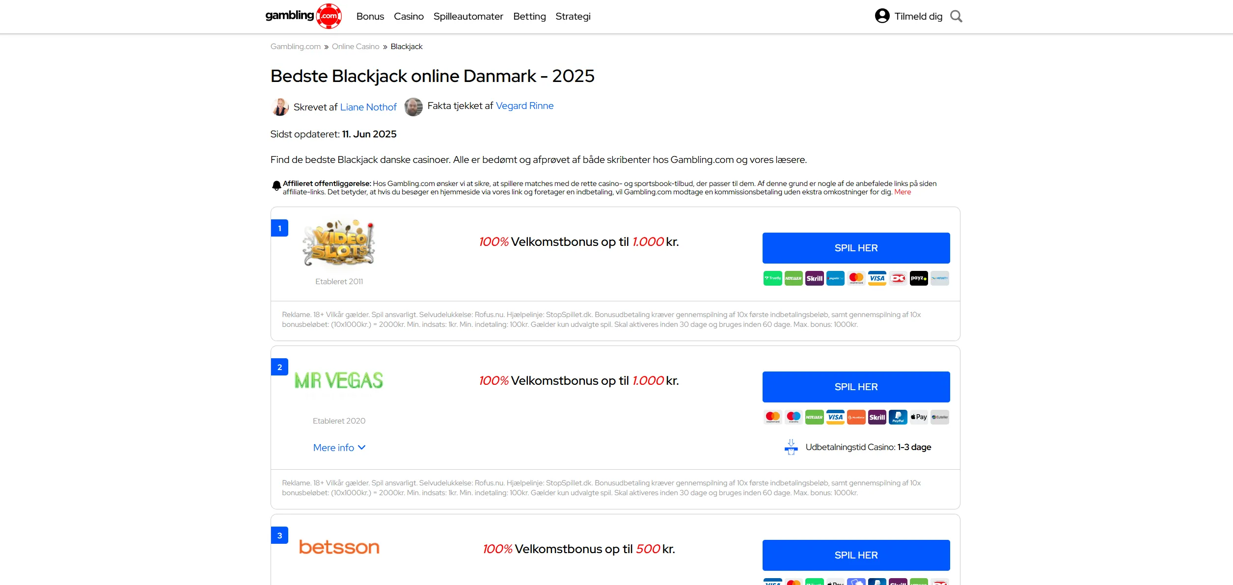 Screenshot of Gambling.com – Casino Bonus in Denmark – Get More for Your Money Now