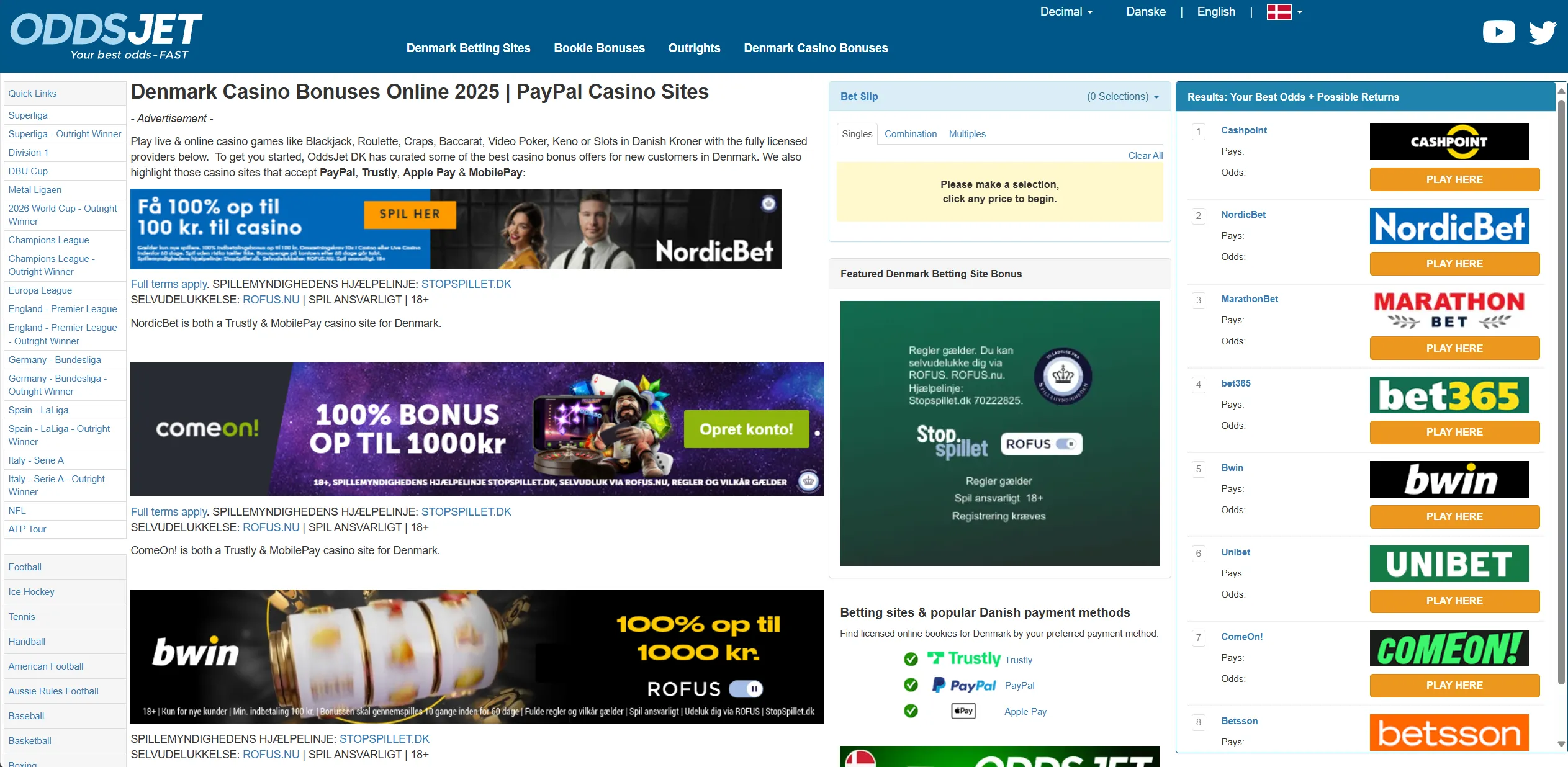 Screenshot of Oddsjet.com - Denmark Casino Bonuses Online | PayPal Casino Sites - OddsJet DK