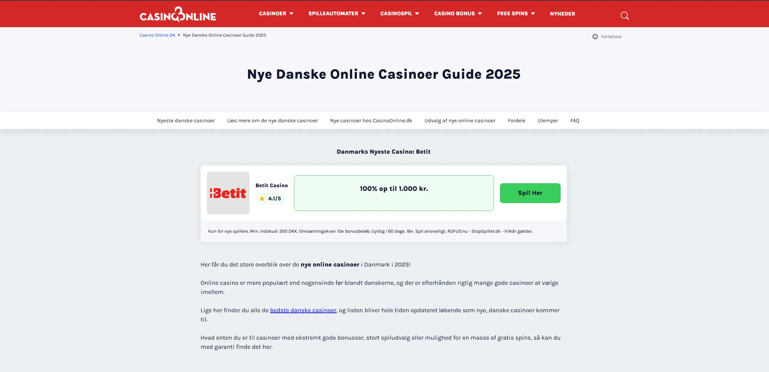 Screenshot of Casinoonline.dk - Casino Bonus ✅ Best Casino Bonuses in Denmark