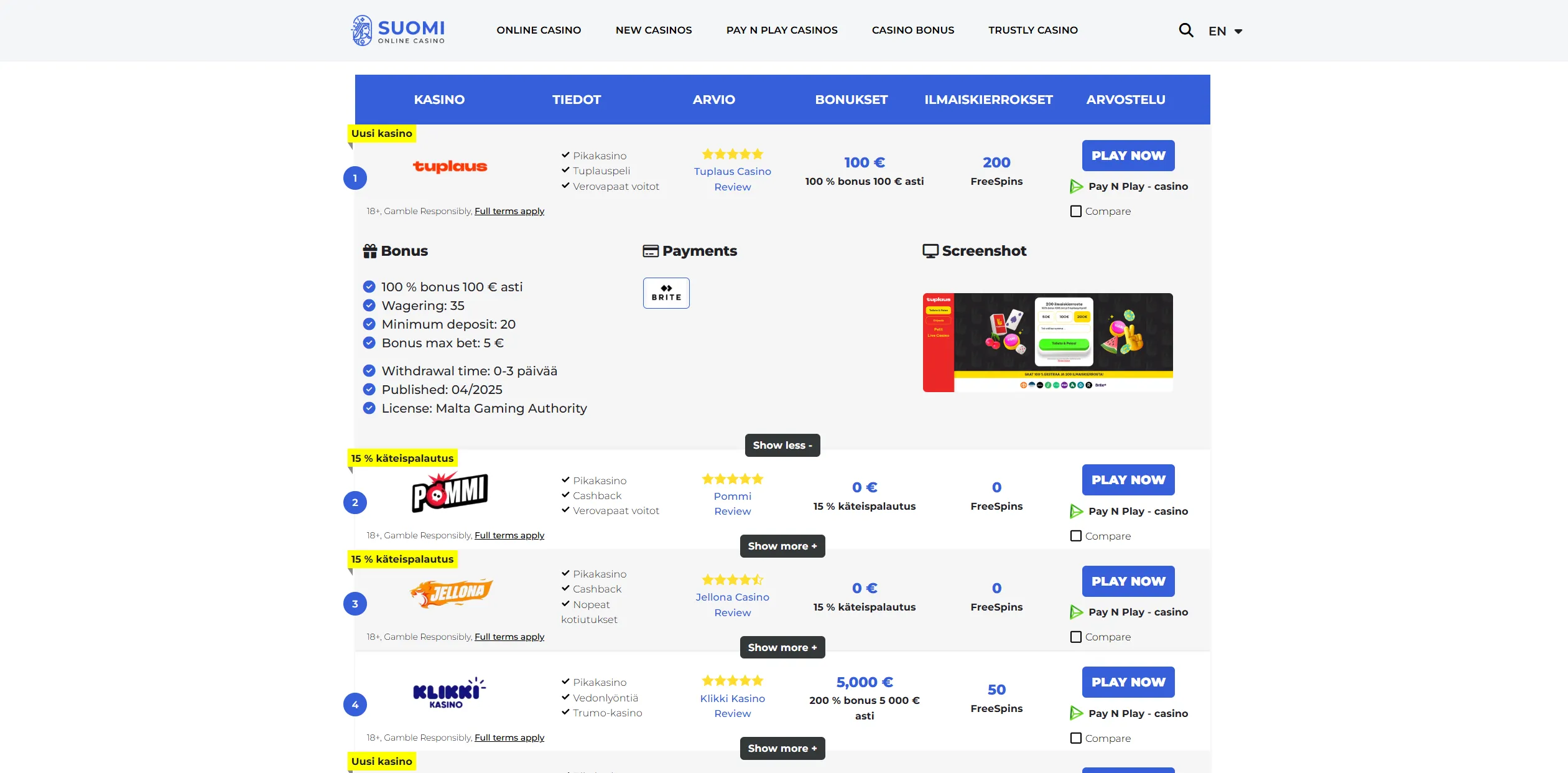 Screenshot of Onlinecasinosuomi.com – Best Online Casinos in Finland ✔ Find The Top Casinos