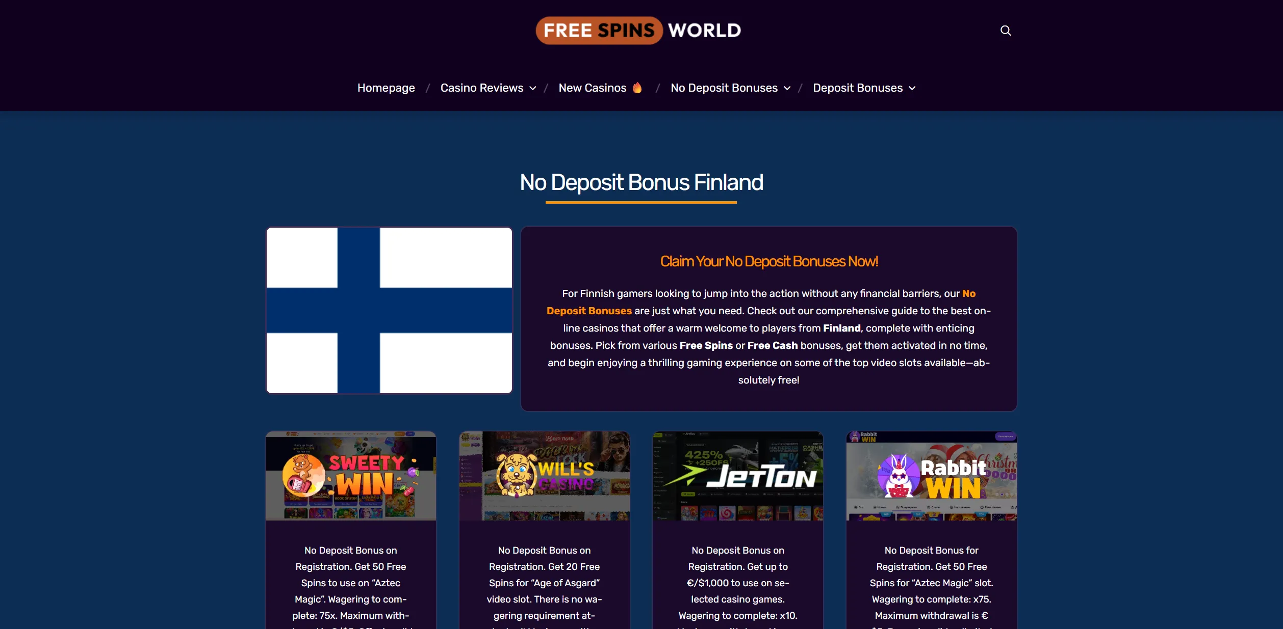 Screenshot of Freespinsworld.com - No Deposit Bonus Finland • FreeSpinsWorld