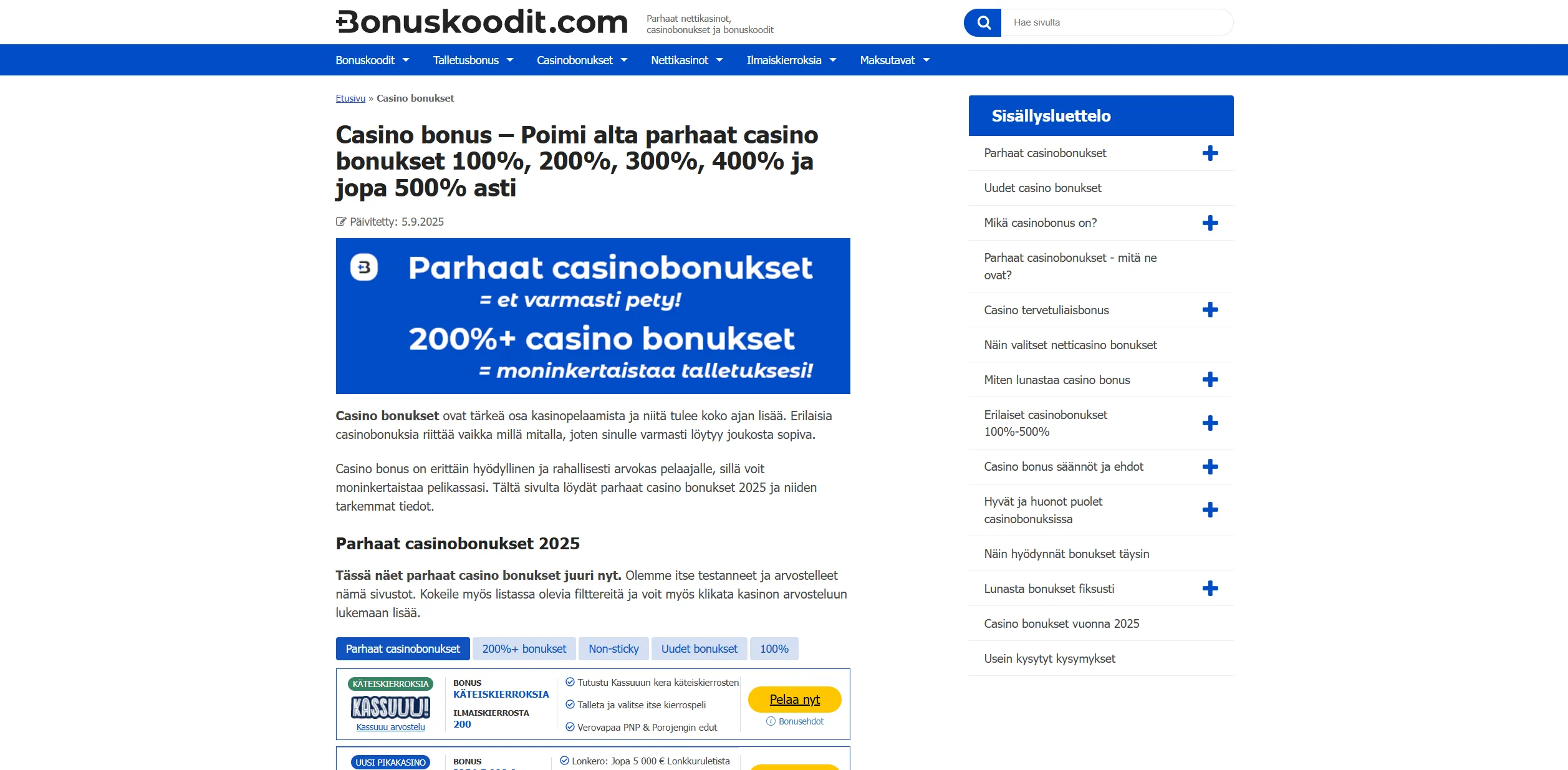 Screenshot of Bonuskoodit.com – Casino Bonus: Ota Parhaat Casino Bonukset Helpoilla Kierrätyksillä!