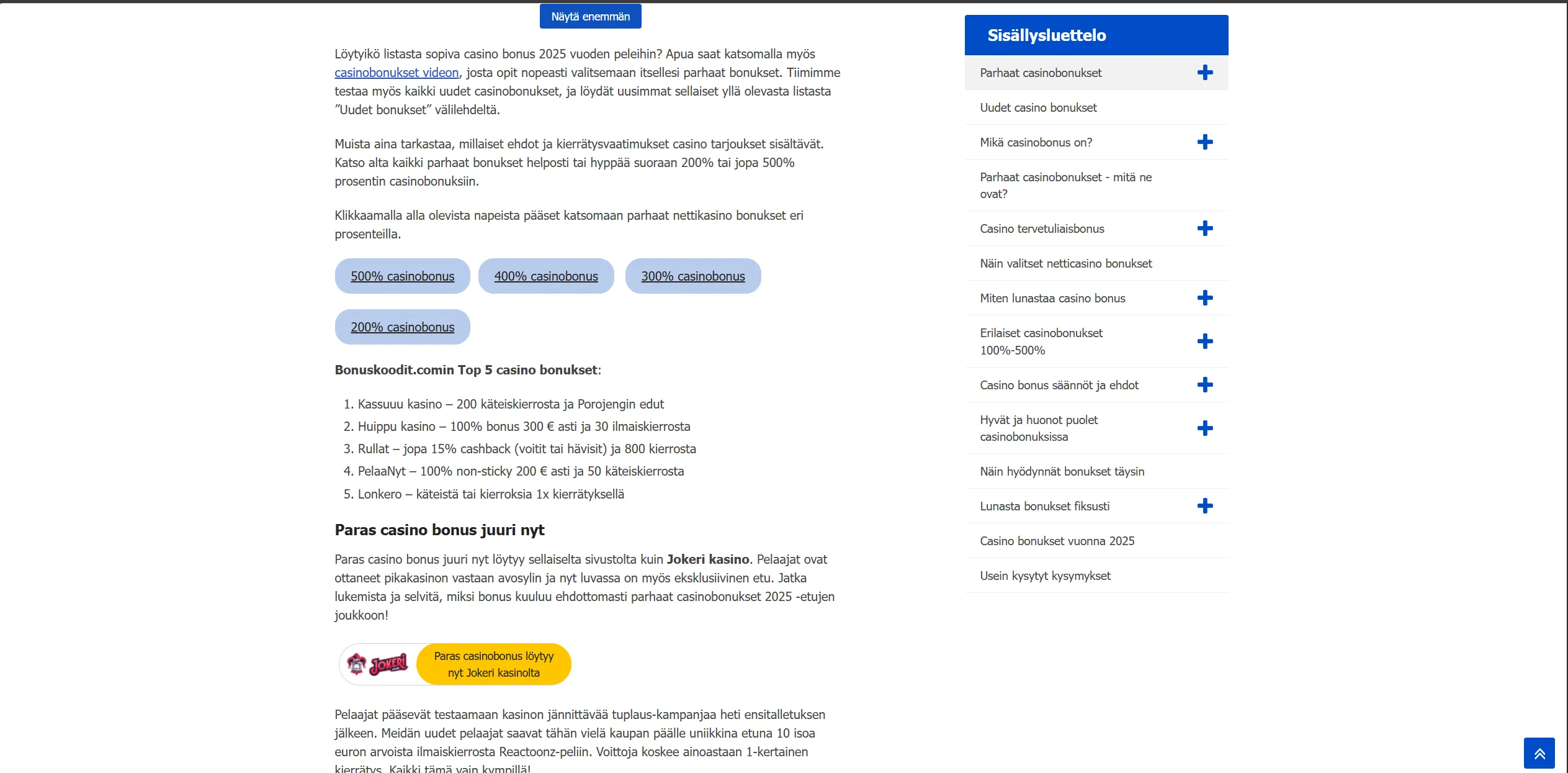 Screenshot of Bonuskoodit.com – Casino Bonus: Ota Parhaat Casino Bonukset Helpoilla Kierrätyksillä!
