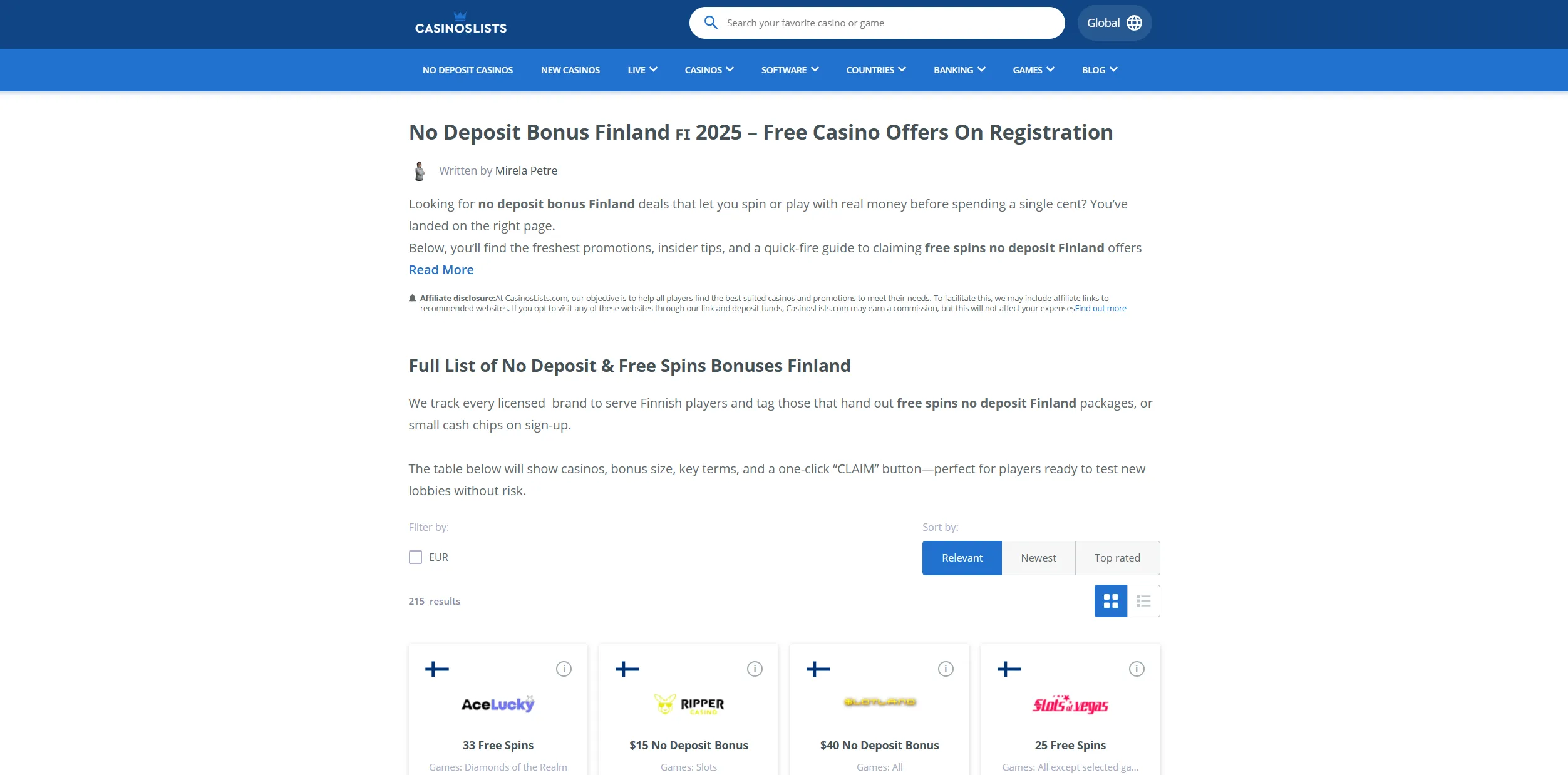 Screenshot of Casinoslists.com – No Deposit Bonuses in Finland | CasinosLists.com