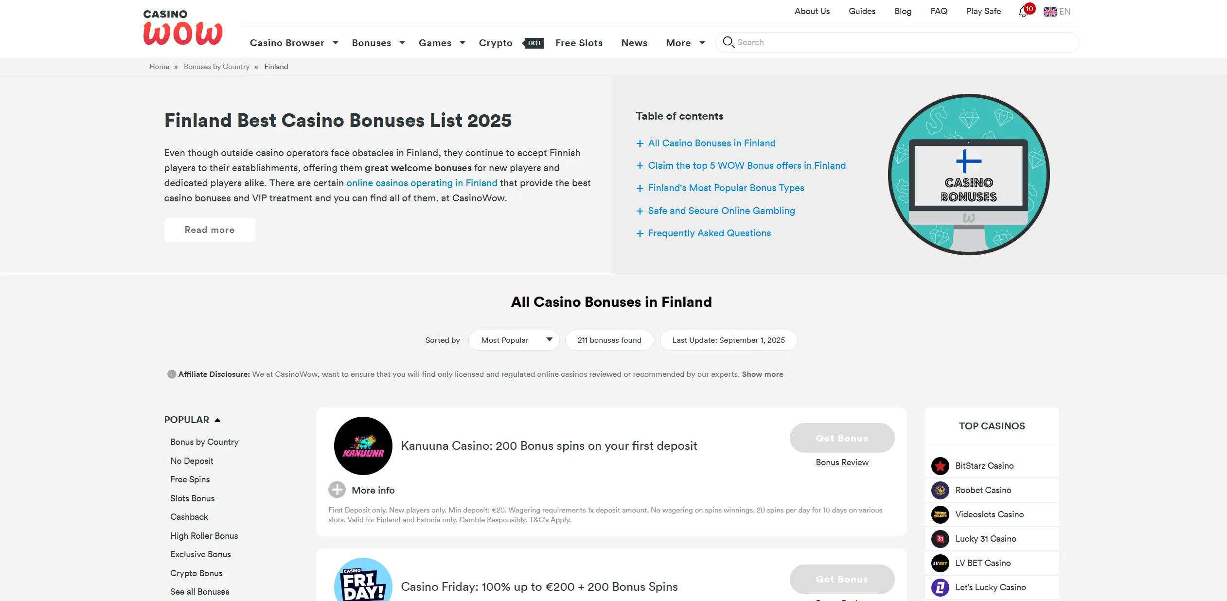 Screenshot of Casinowow.com – Best Casino Bonuses ▷ Finland – CasinoWow