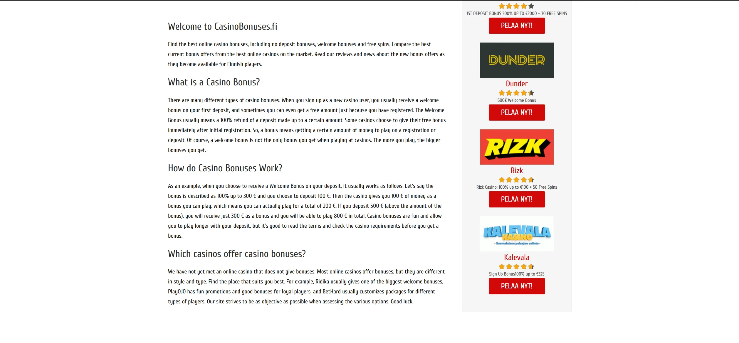 Screenshot of Сasinobonuses.fi - Kasinobonukset – The Best Online Casino Bonuses for Finnish Players