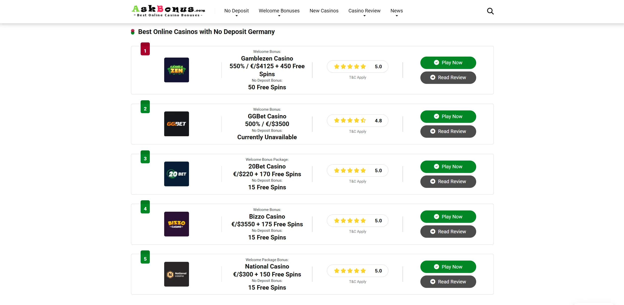 Screenshot of Askbonus.com – Best No Deposit Germany - Casino Bonuses Exclusive