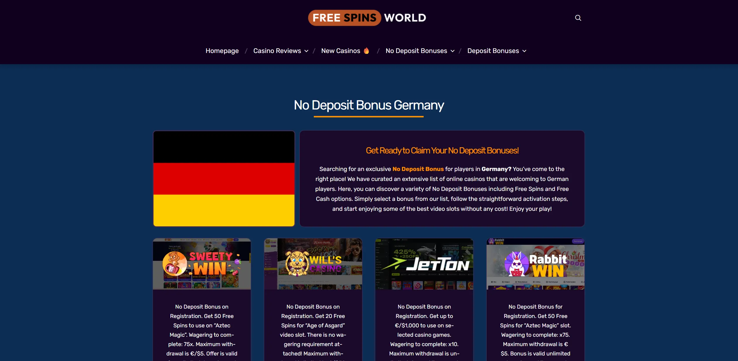 Screenshot of Freespinsworld.com - No Deposit Bonus Germany - FreeSpinsWorld