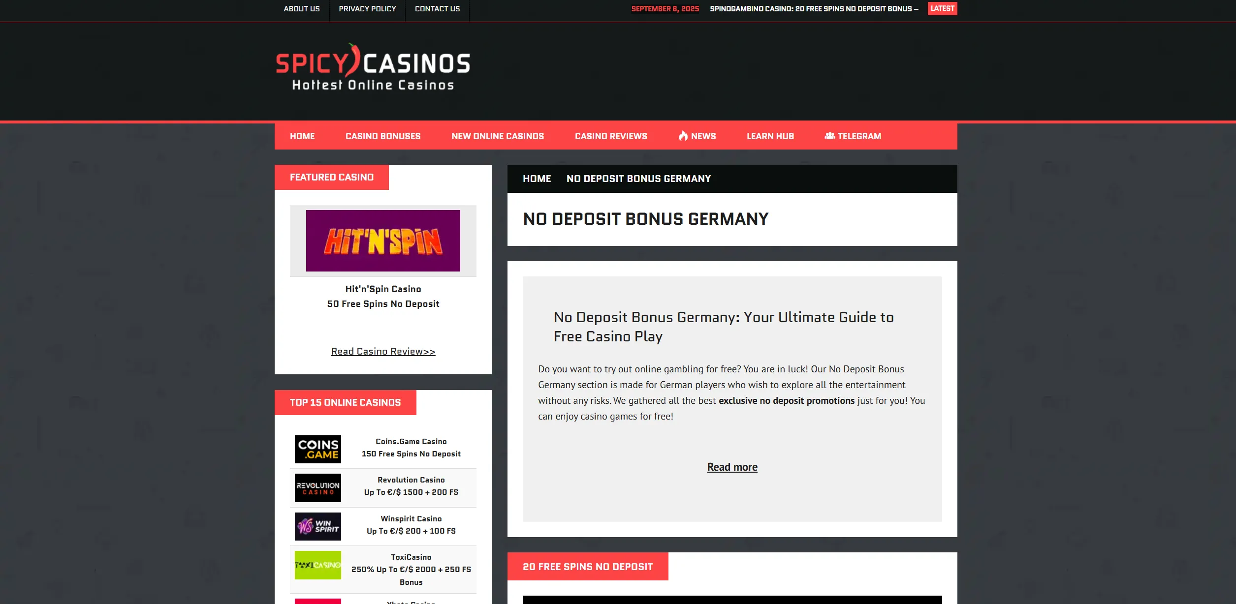 Screenshot of Spicycasinos.com - Best No Deposit Bonus Codes Germany | SpicyCasinos