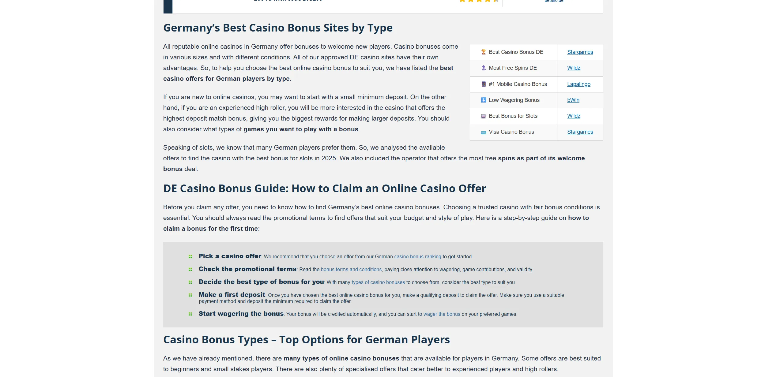 Screenshot of Bestcasinosites.net -  Best Casino Bonus Germany - Top 17 DE Online Casino Bonuses
